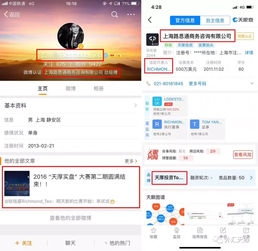 新浪微博与天眼查截图