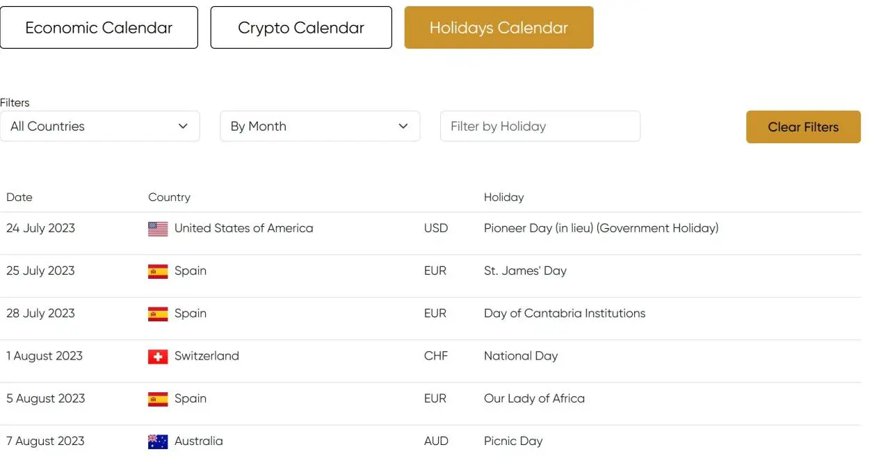 Holidays Calendar 
