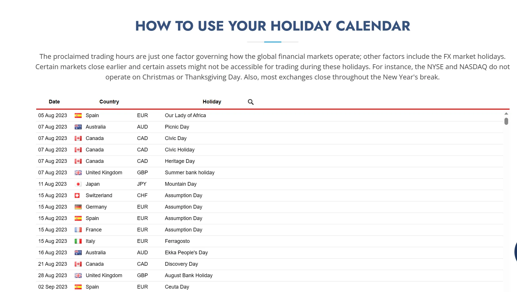 Holiday Calendar