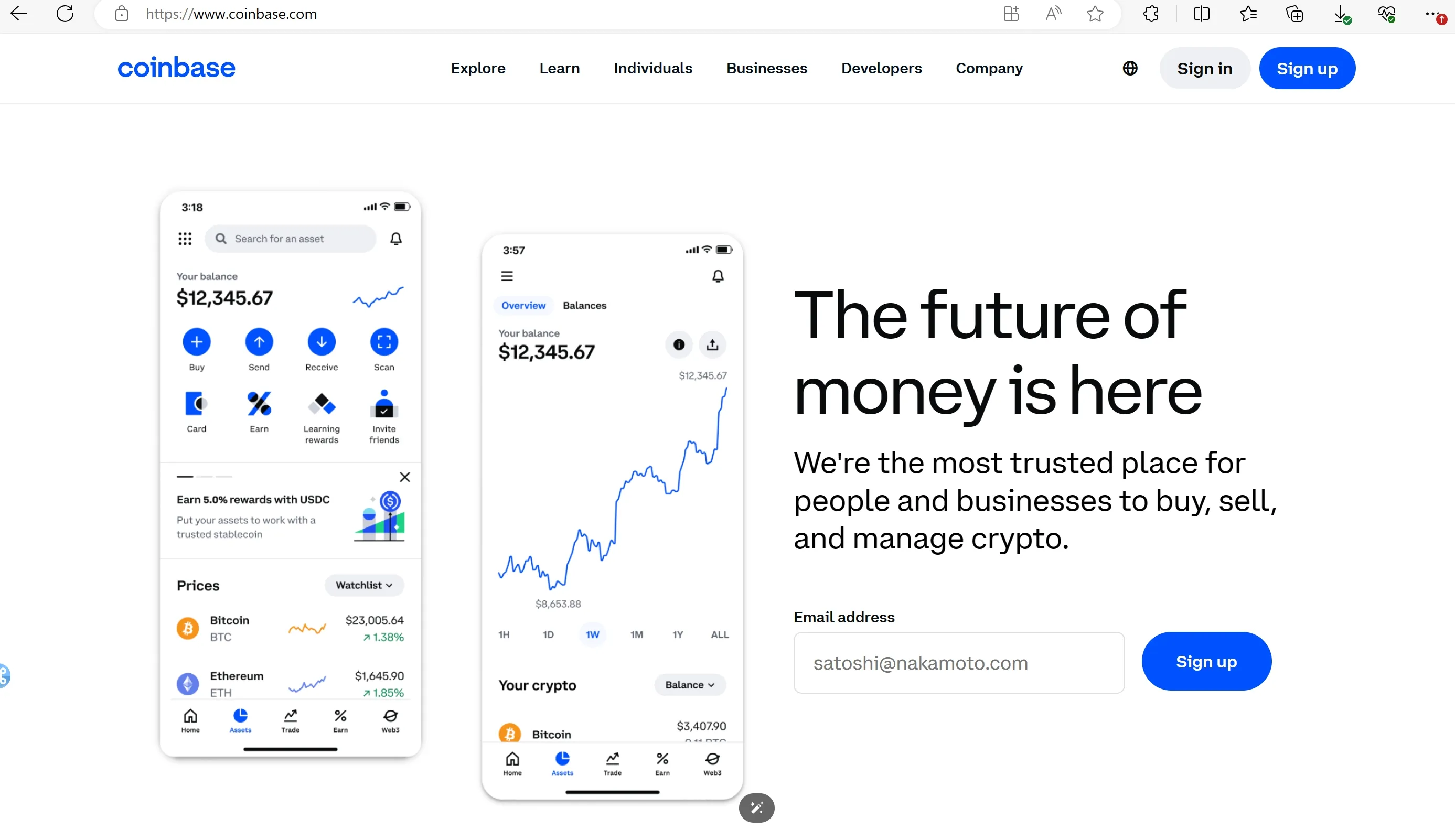 Coinbase's homepage Coinbase's homepage