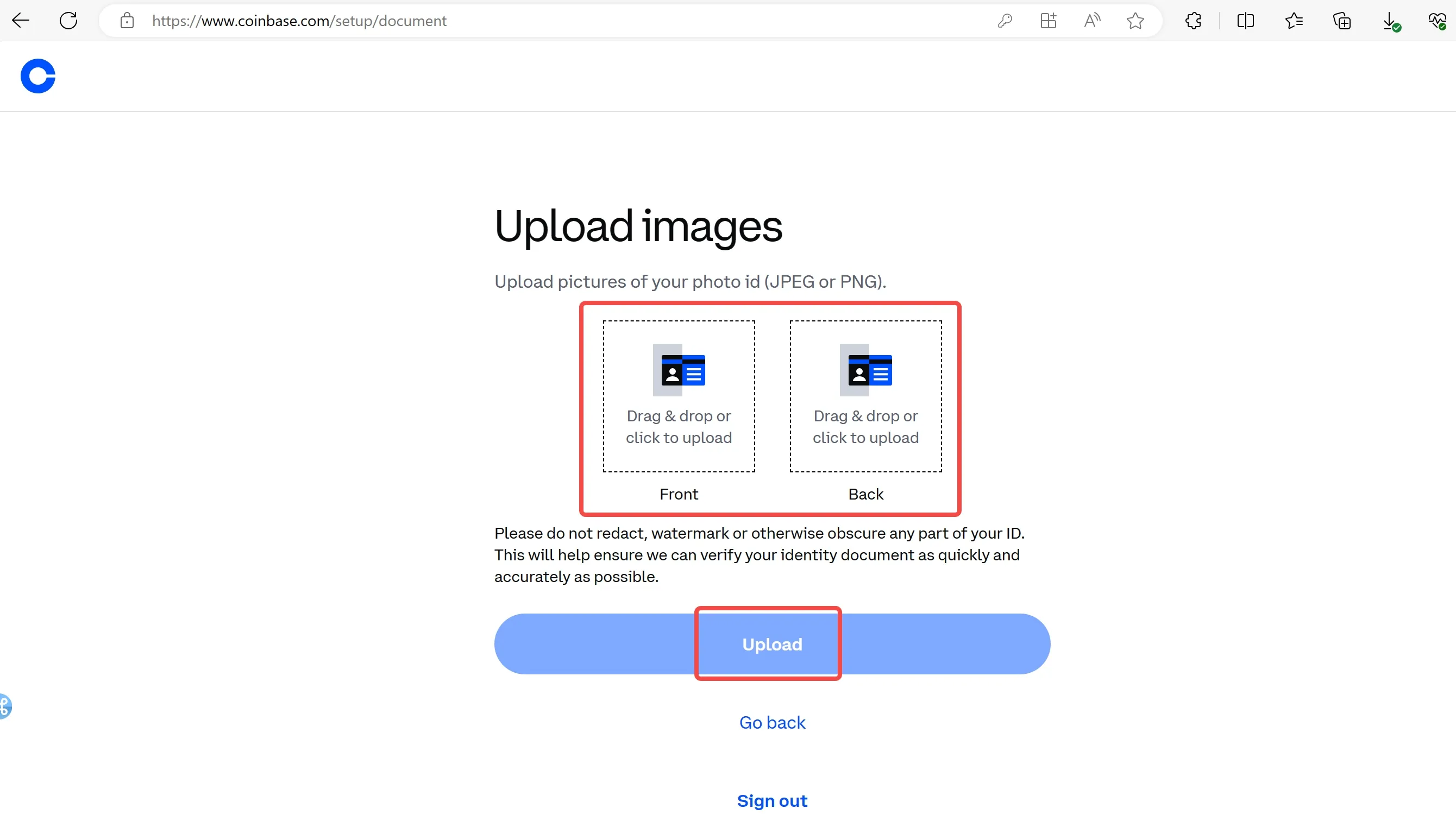 upload front and back images of ID upload front and back images of ID
