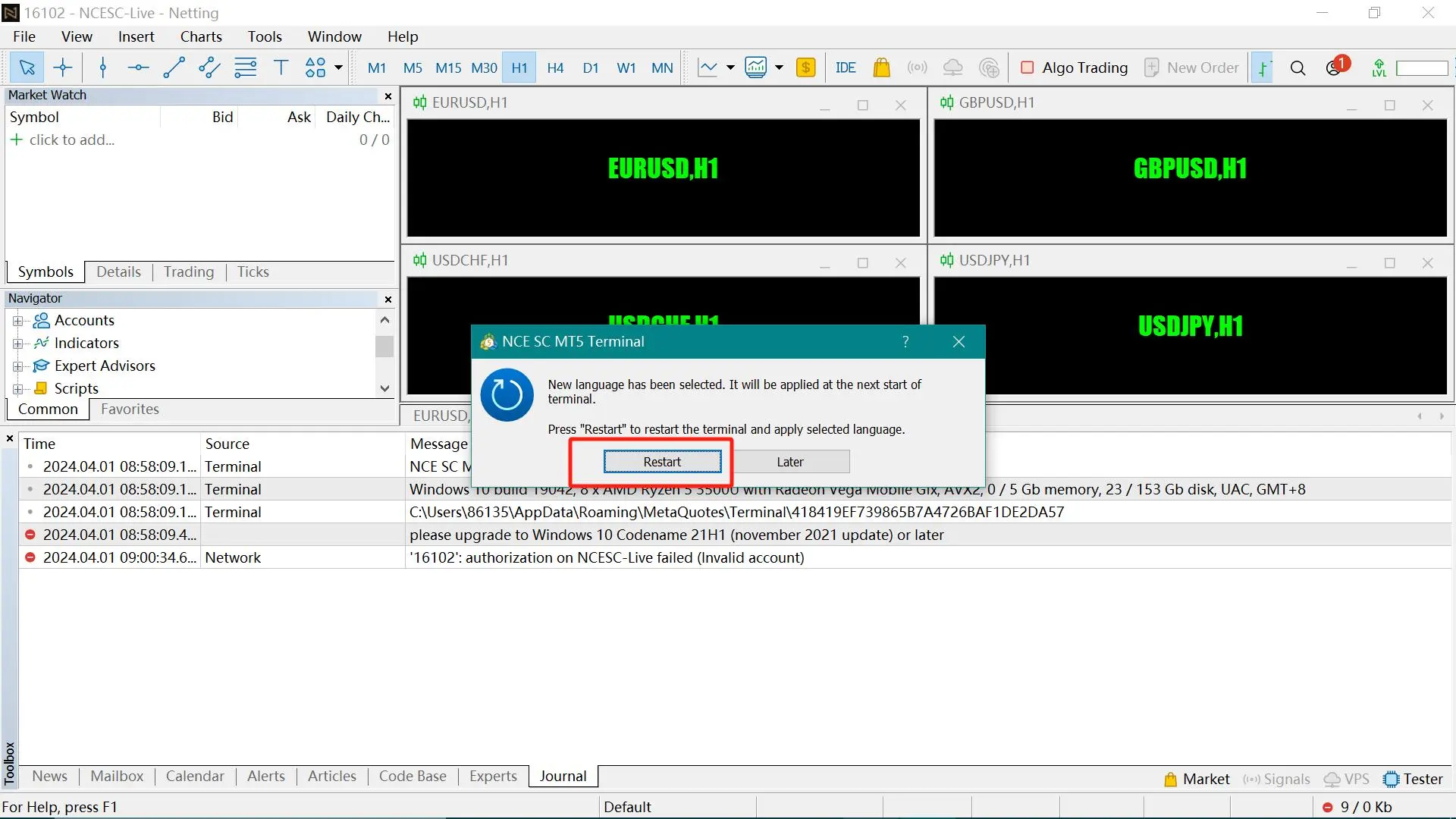 Click Restart“ to apply the changes Click Restart to apply the changes