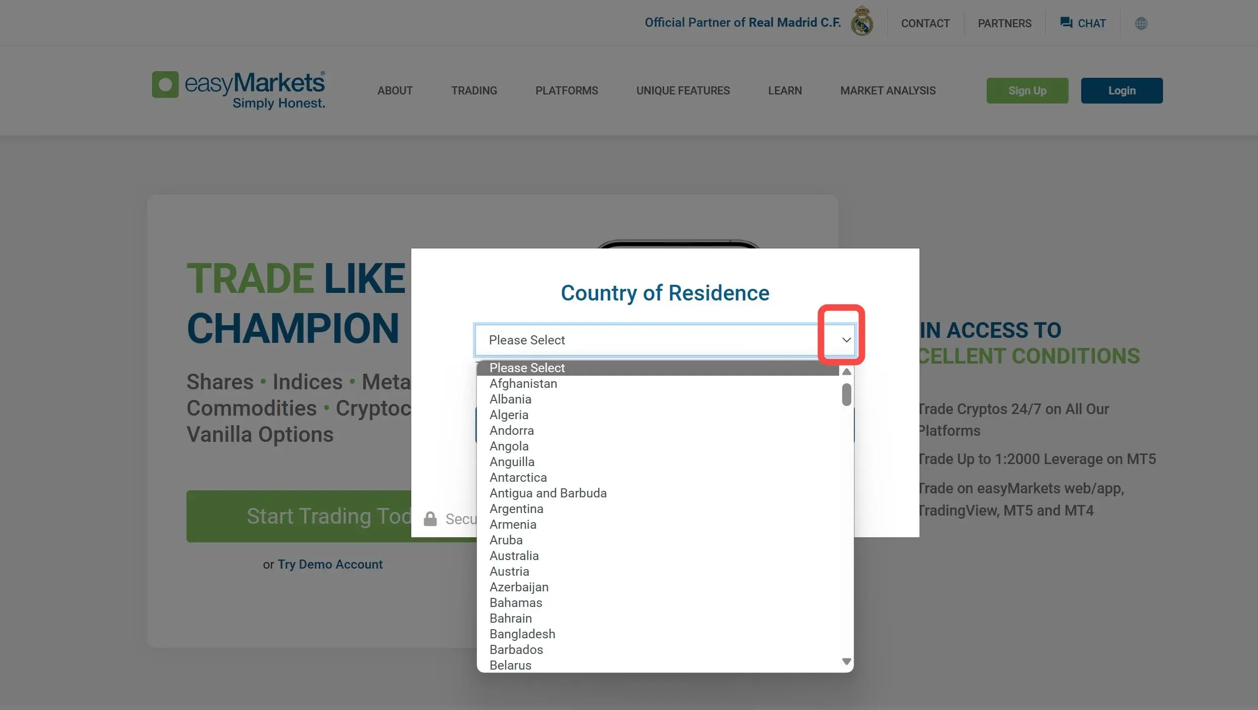 Select the country of residence