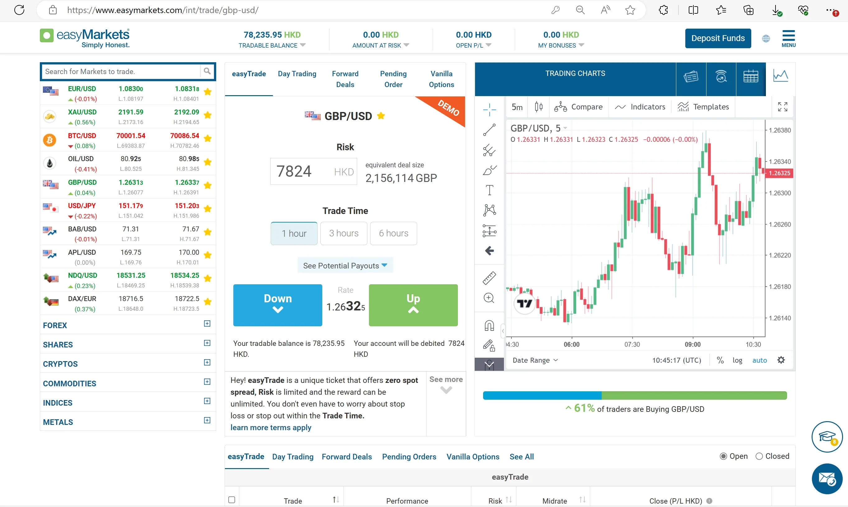 Interface of demo account