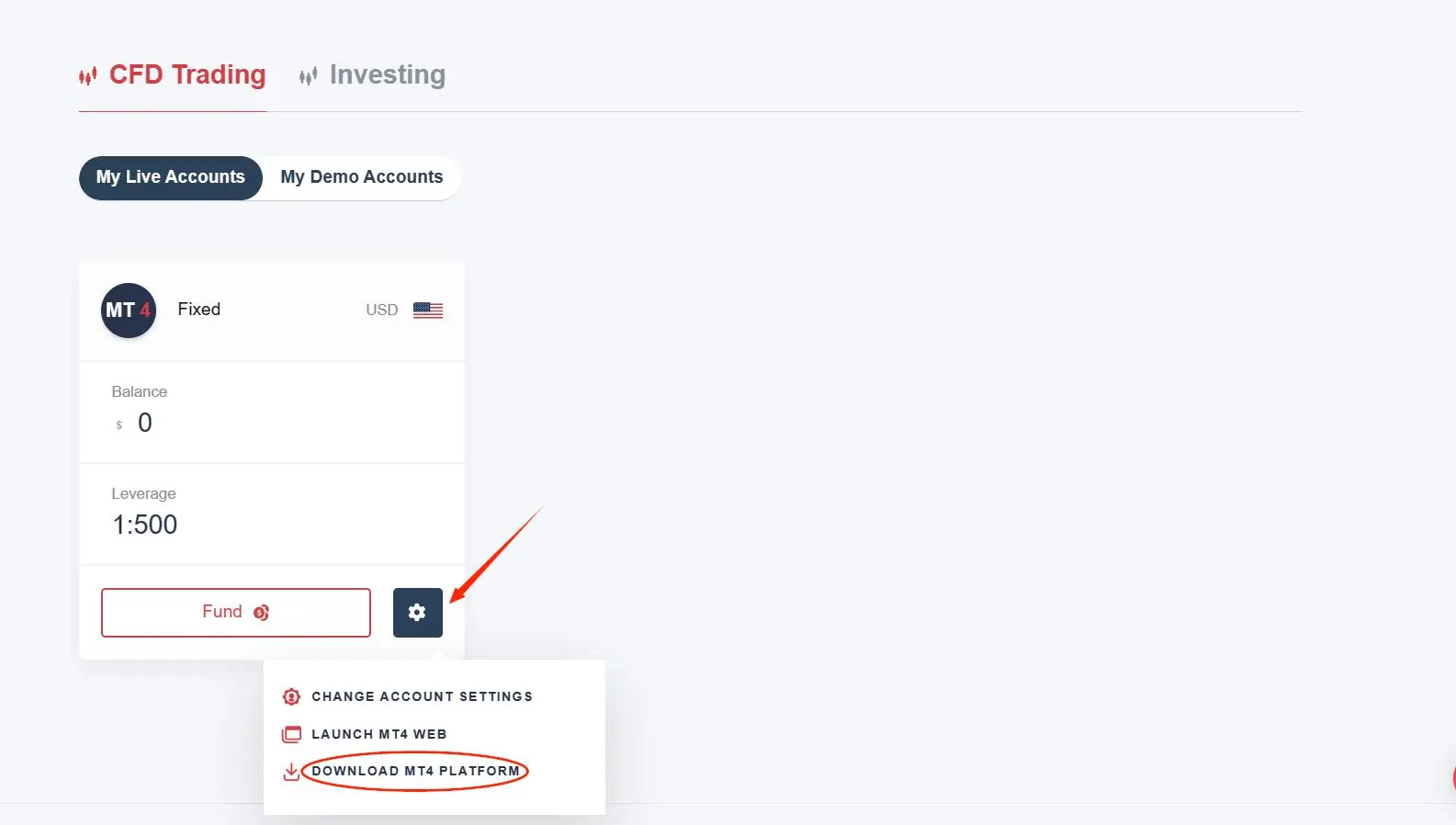 Look for the 'DOWNLOAD MT4 PLATFORM' button