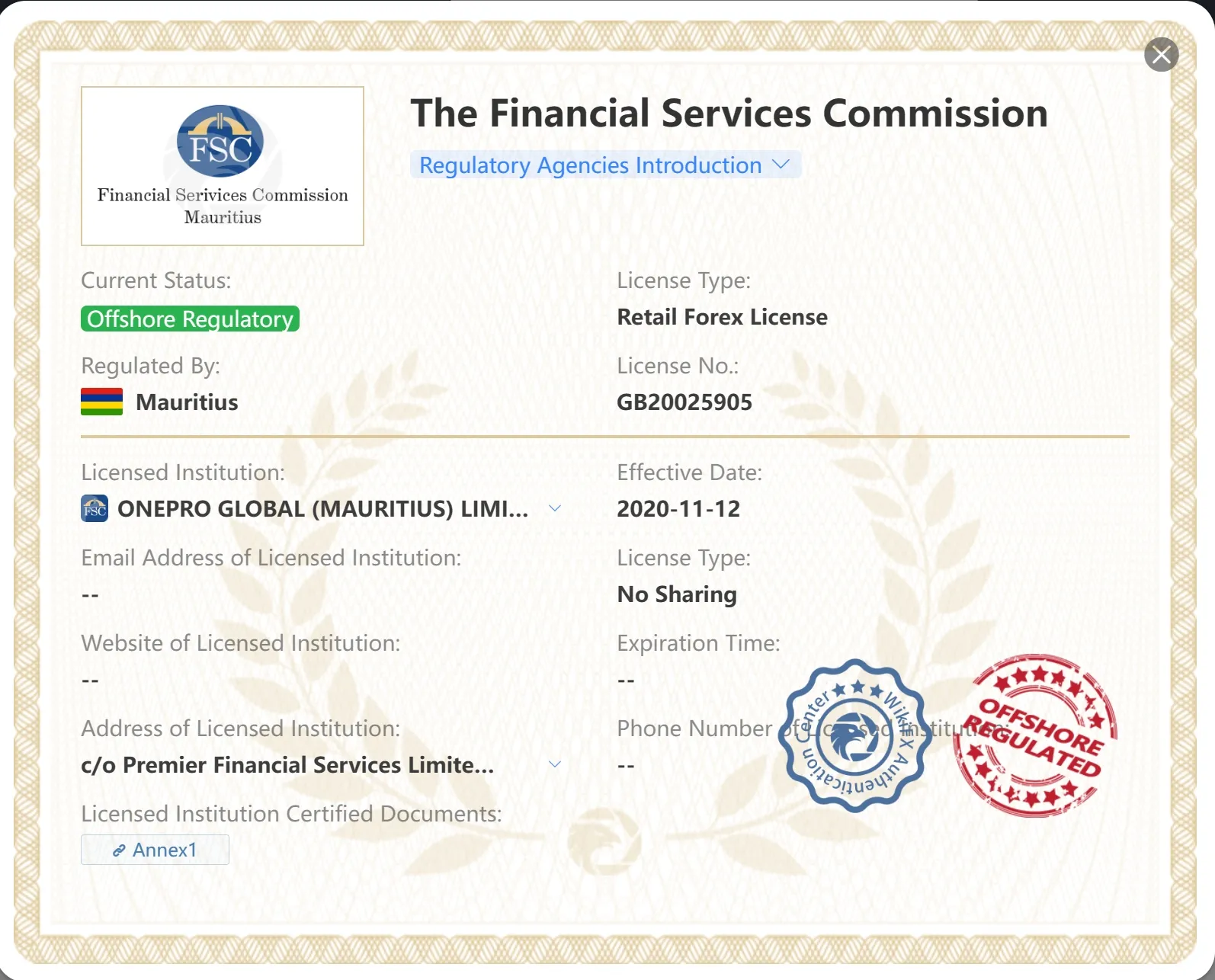 Offshore regulated by FSC