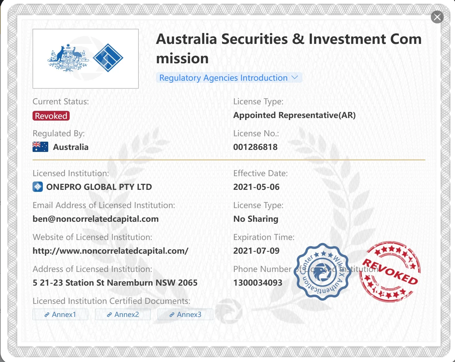 Revoked ASIC license