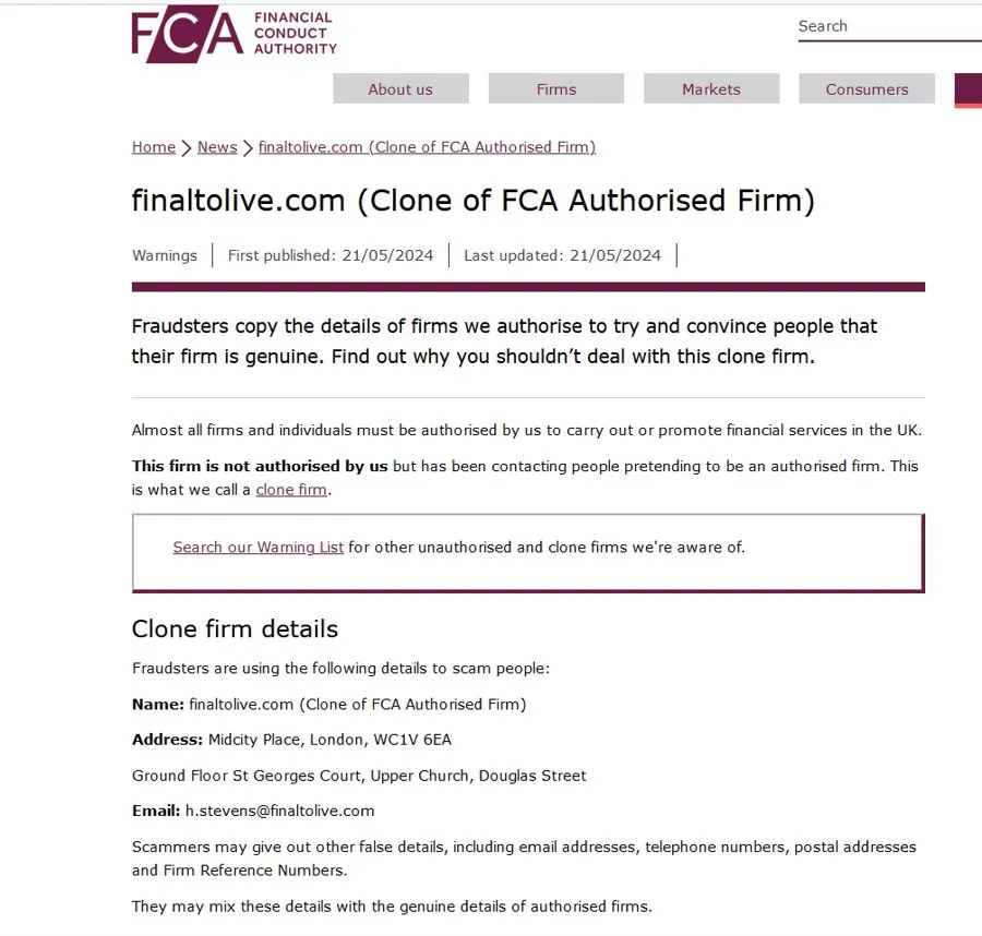 FCA cảnh báo về kẻ mạo danh Finalto Financial Services.jpg FCA cảnh báo về kẻ mạo danh Finalto Financial Services.jpg