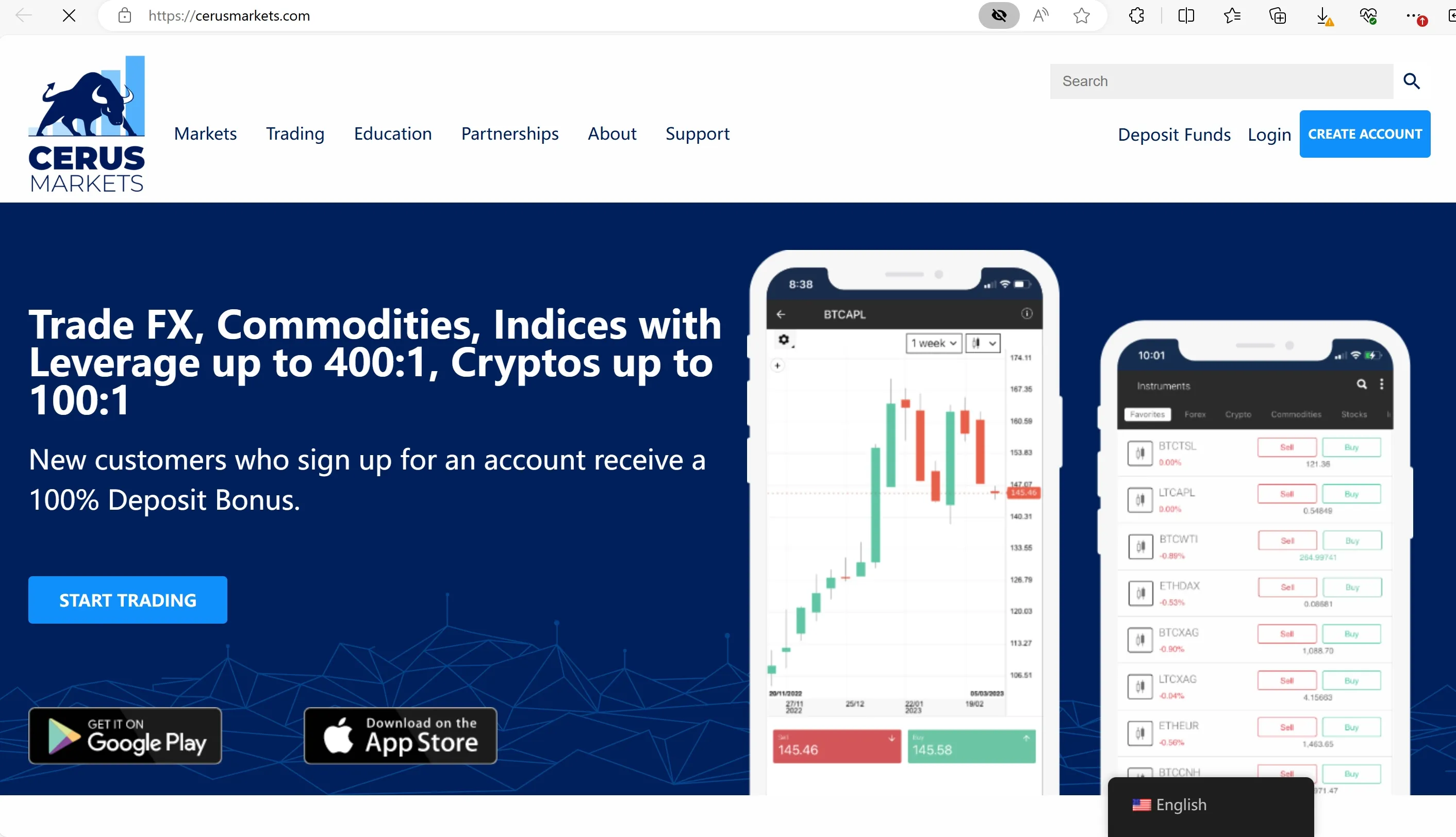 Cerus Markets' homepage