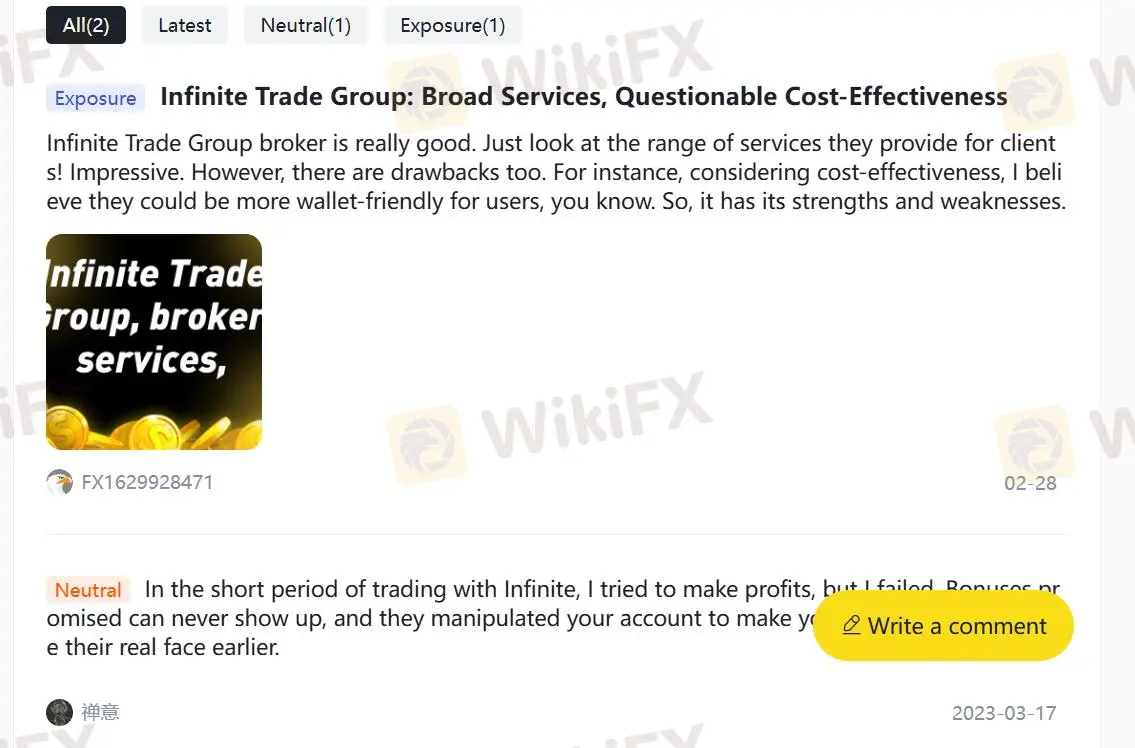 Avaliações negativas do Infinite Trade Group no WikiFX