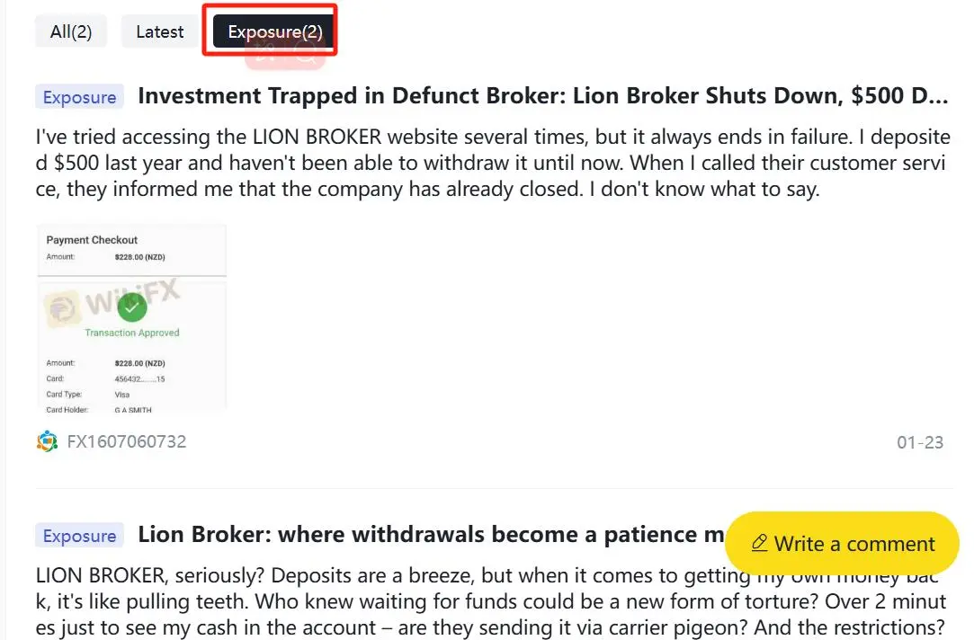 在WikiFX上的负面LION BROKER评论