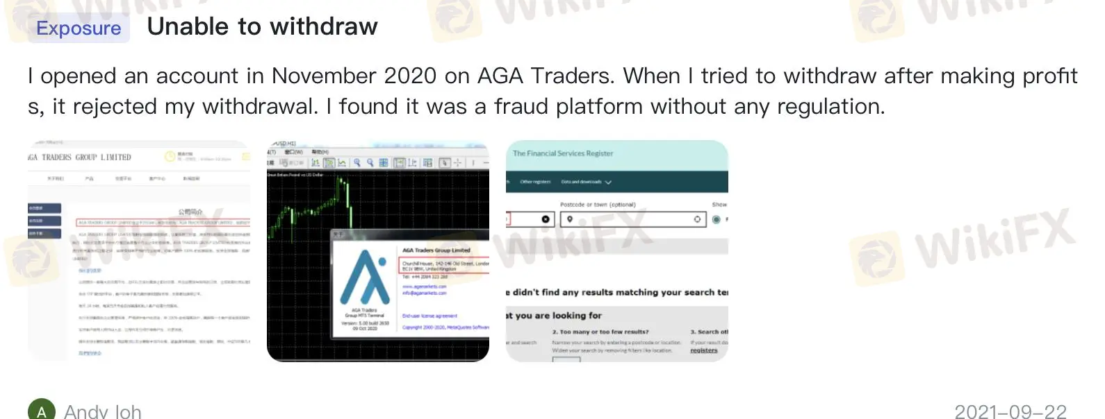 Отрицательные отзывы о AGA TRADERS GROUP на WikiFX