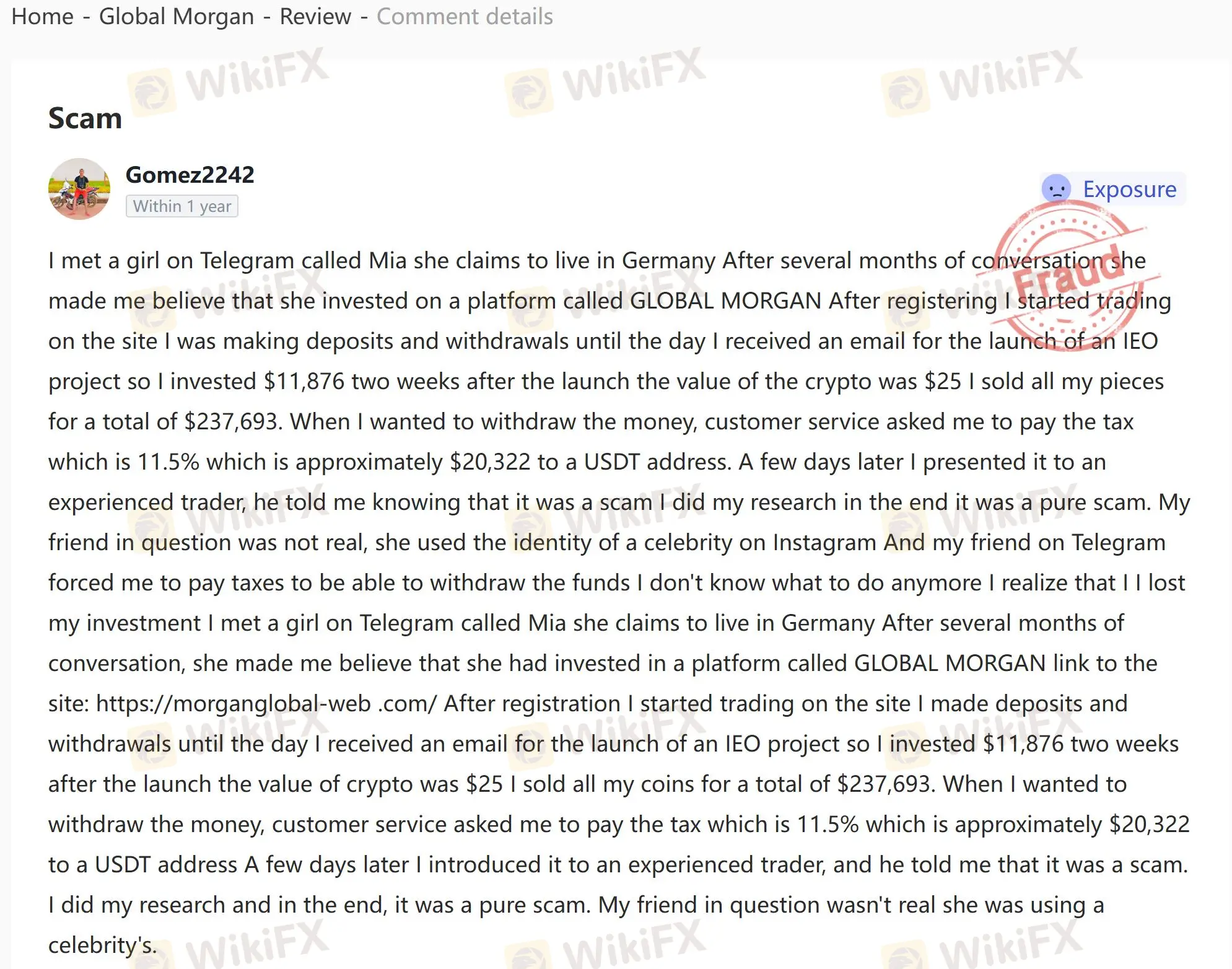 Negative Global Morgan Reviews on WikiFX