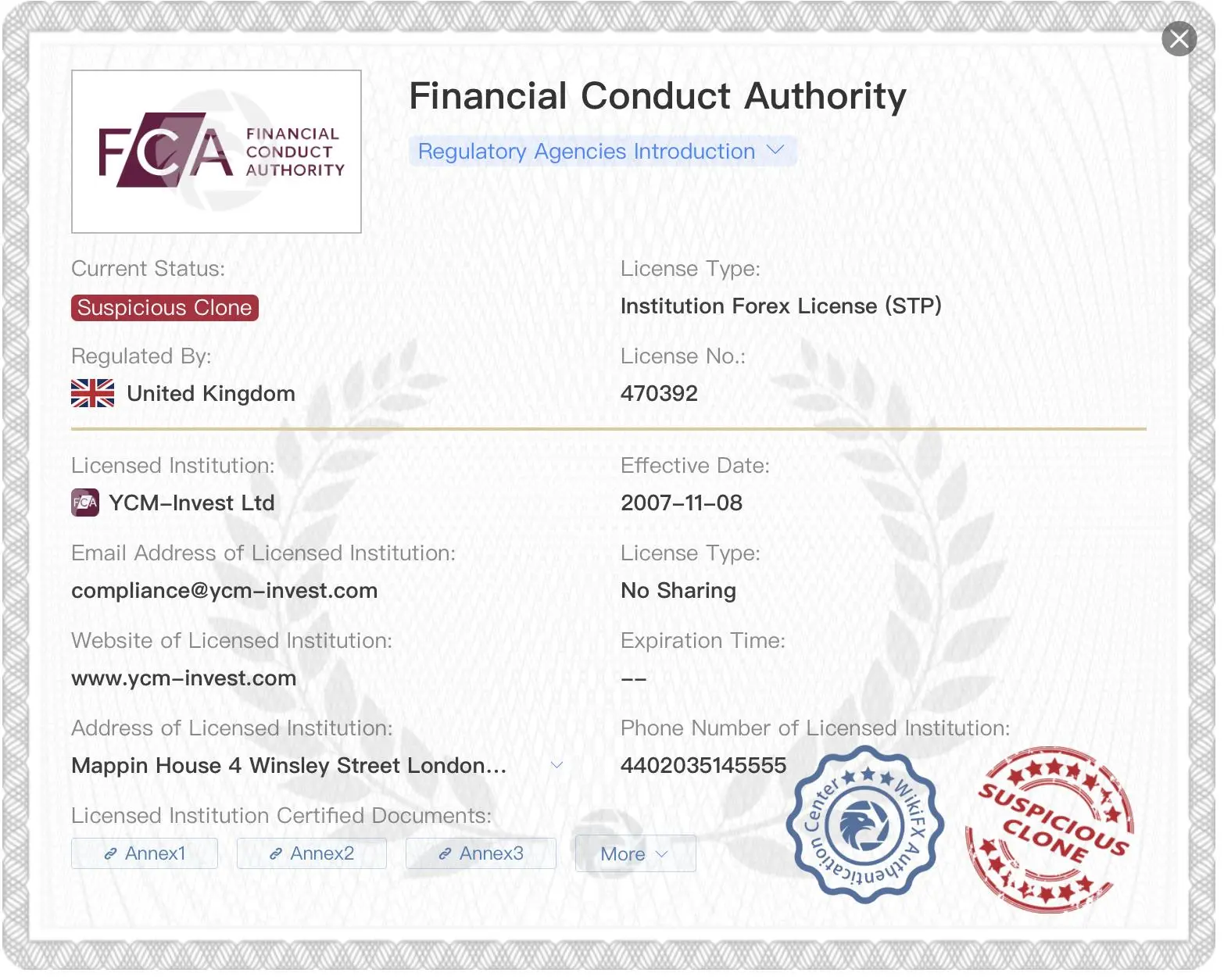 Suspicious clone FCA license