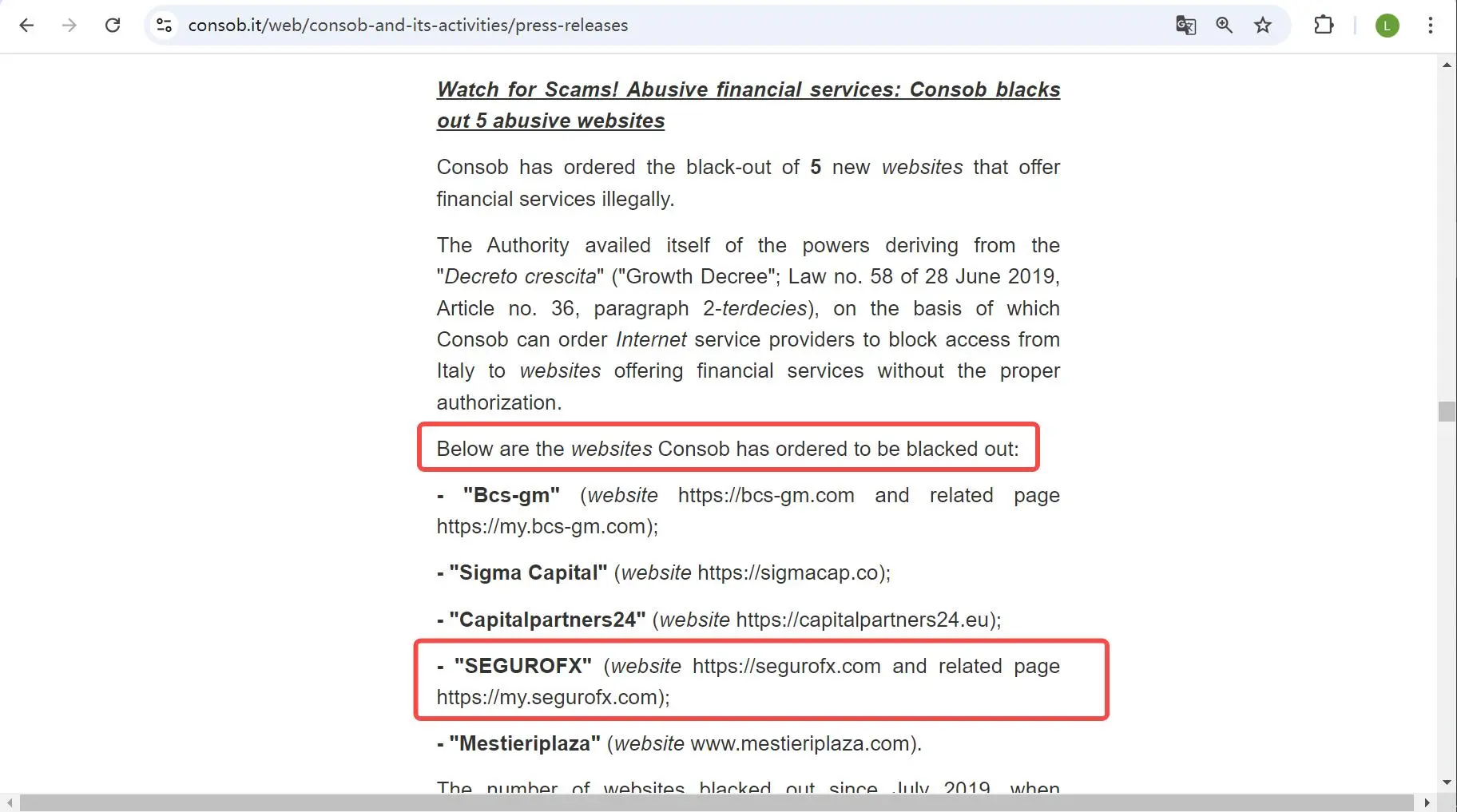 Blacklisted by CONSOB