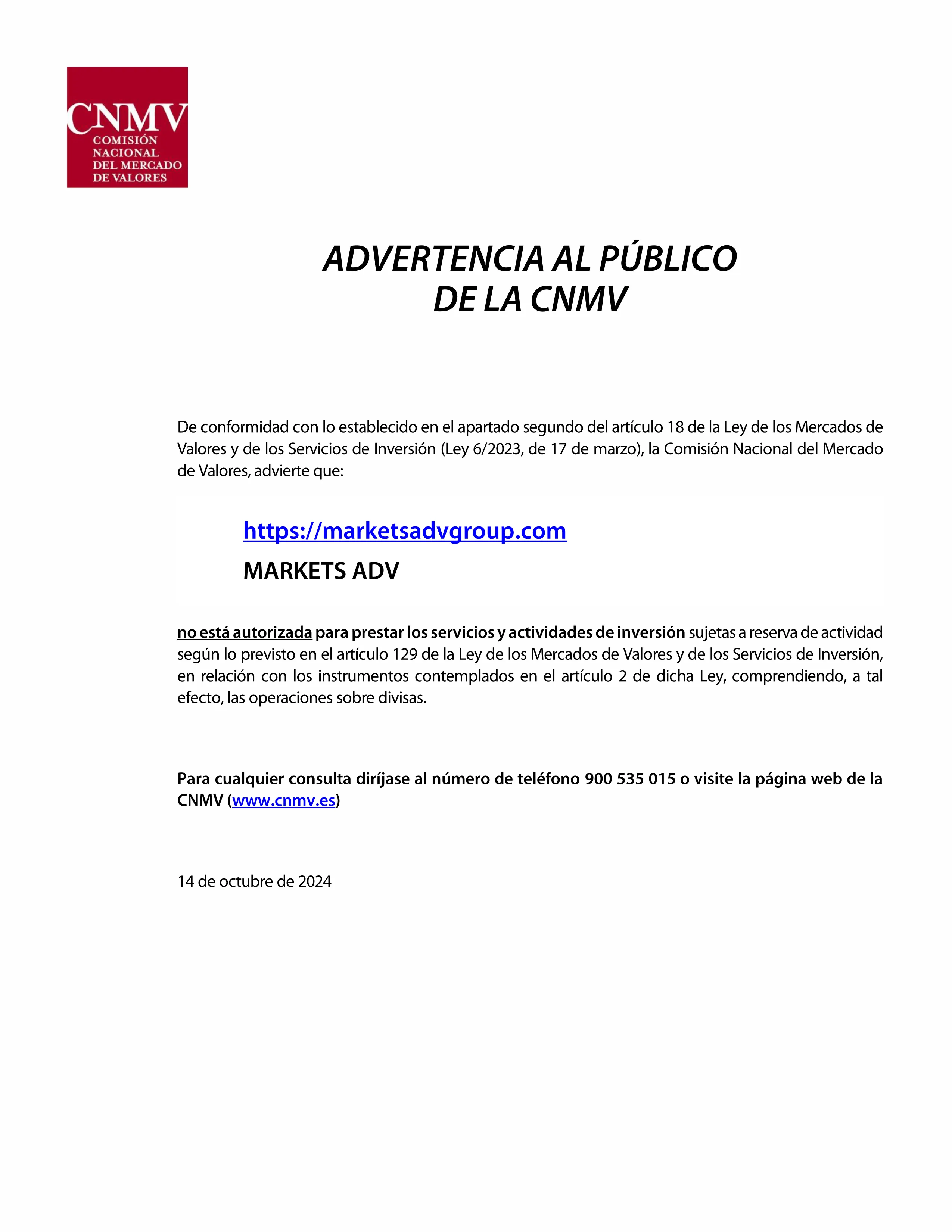 ¿Qué debes saber sobre MARKETS ADV y los riesgos que implica?