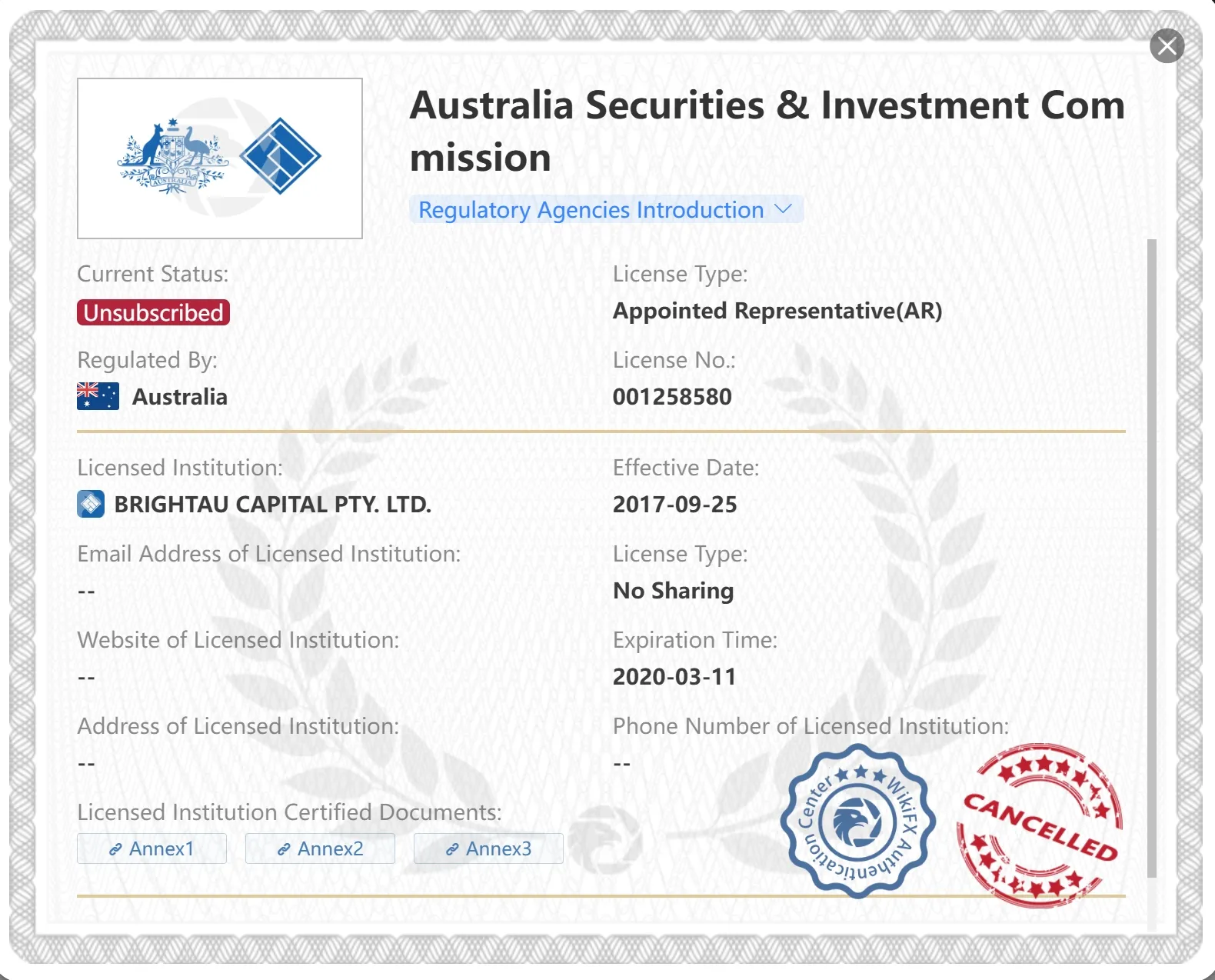 Unsubscribed ASIC license