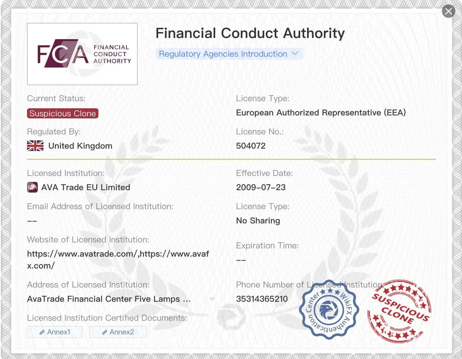 Suspicious clone FCA license
