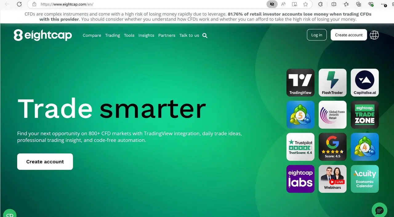 Eightcap's homepage
