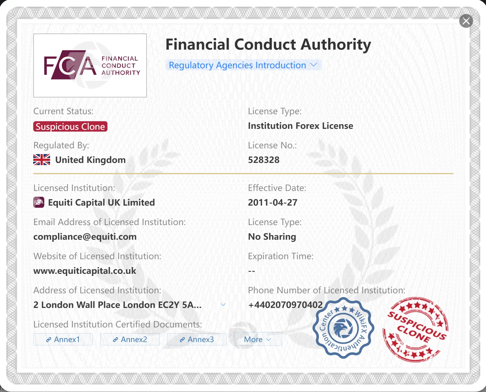 Suspicious clone FCA license