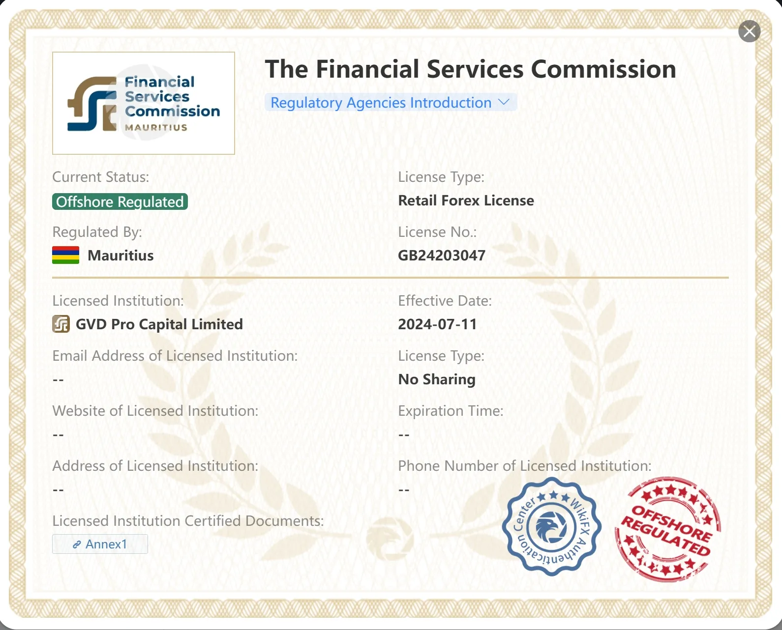 Offshore regulated by FSC