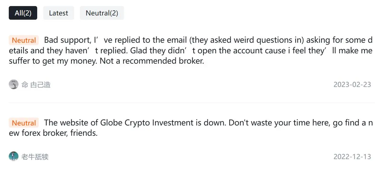 Neutral Globe Crypto Investment Reviews on WikiFX