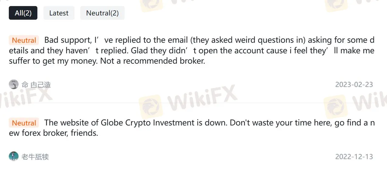 WikiFX上关于Globe Crypto Investment的中立评论