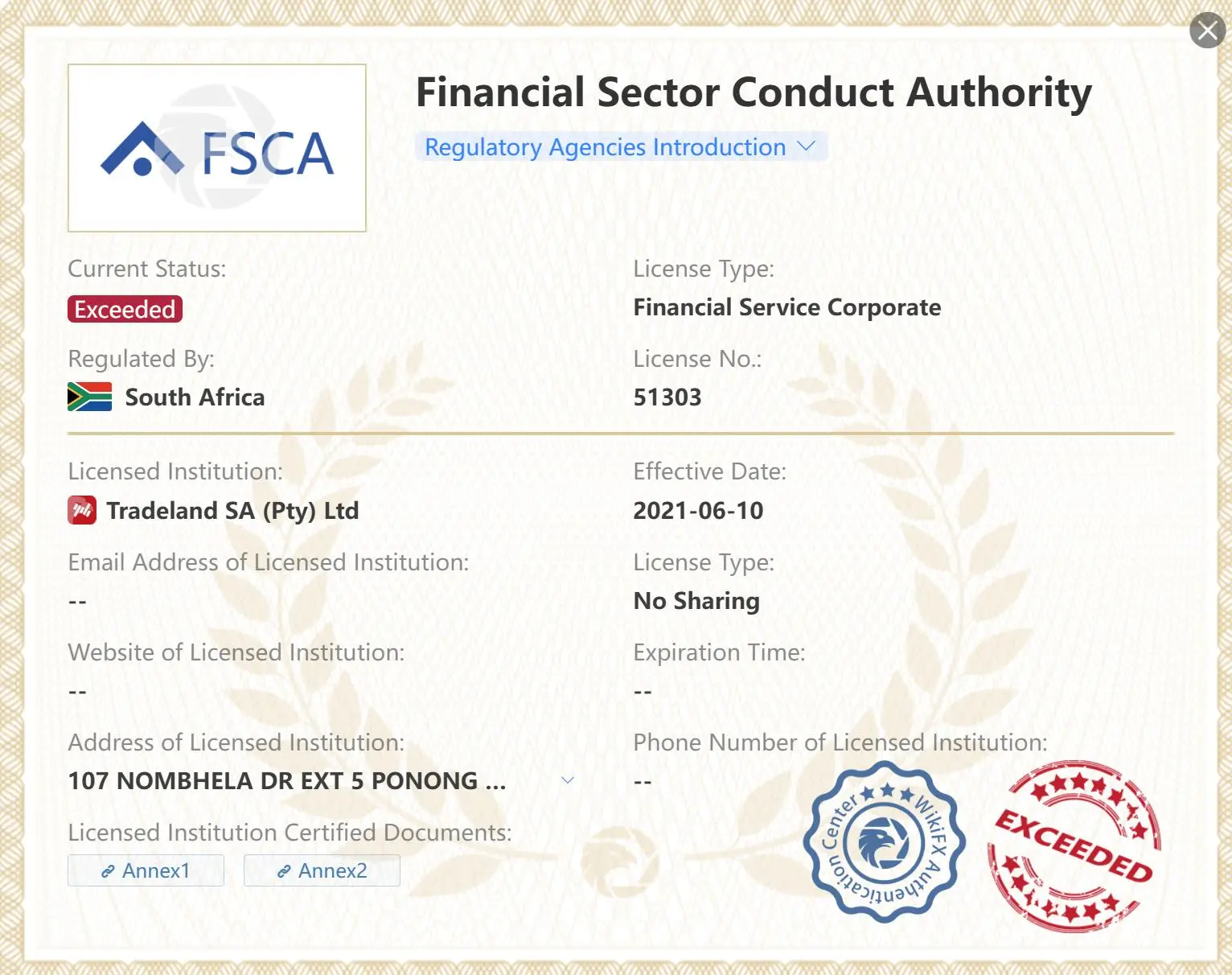 Exceeded FSCA license Exceeded FSCA license