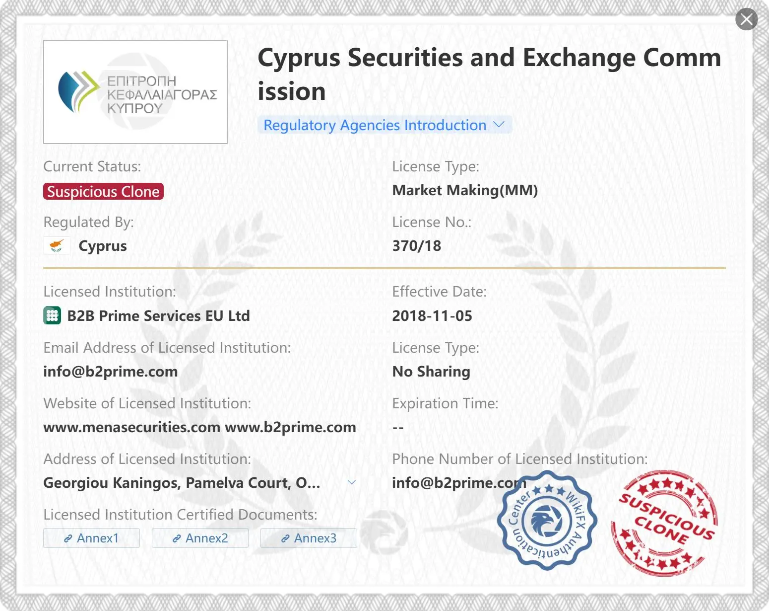 Suspicious clone CySEC license