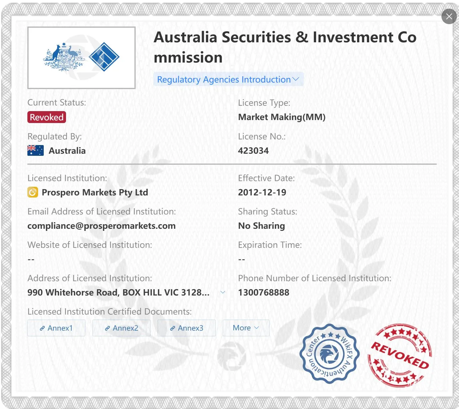 Revoked ASIC license
