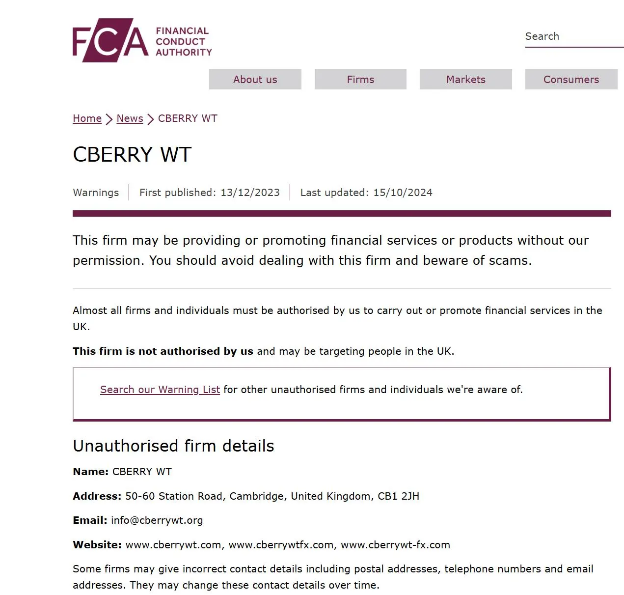 FCA warning