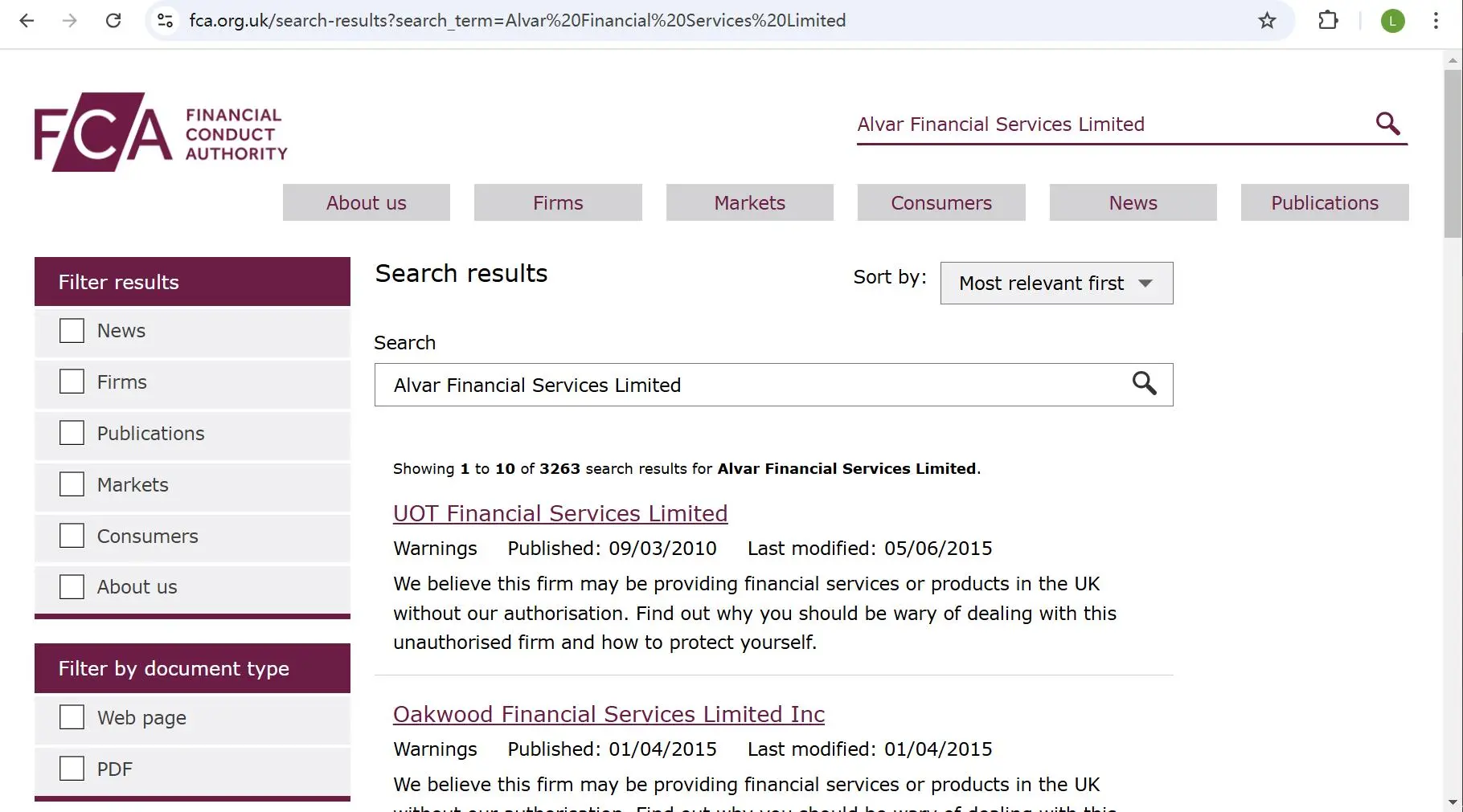 FCA search results