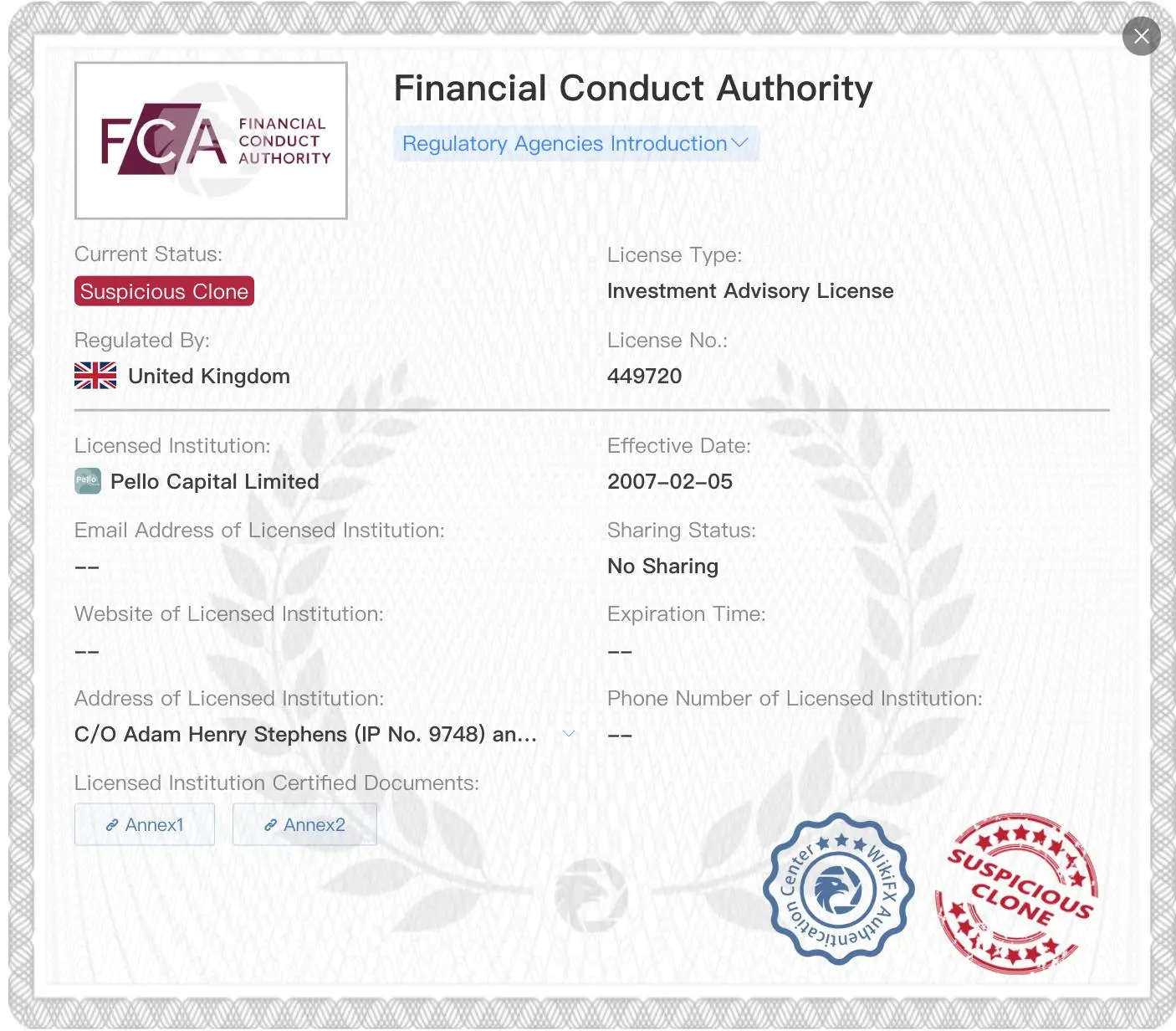 Suspicious clone FCA license