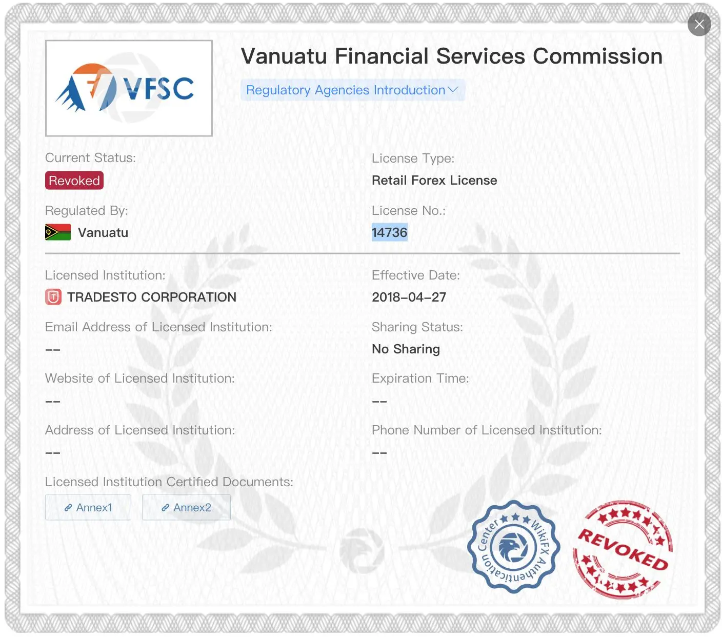 Revoked VFSC license Revoked VFSC license