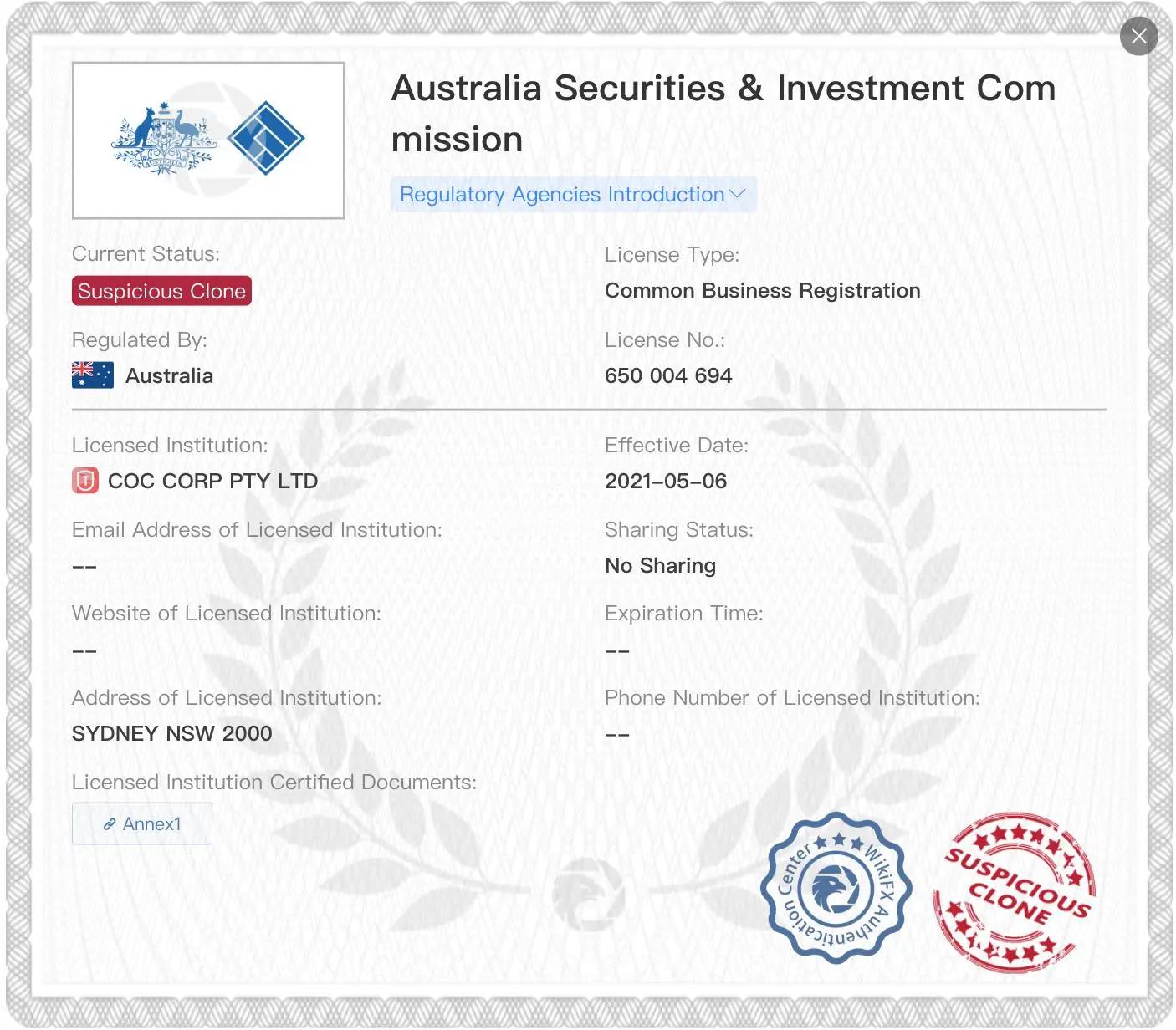 Suspicious clone ASIC license Suspicious clone ASIC license