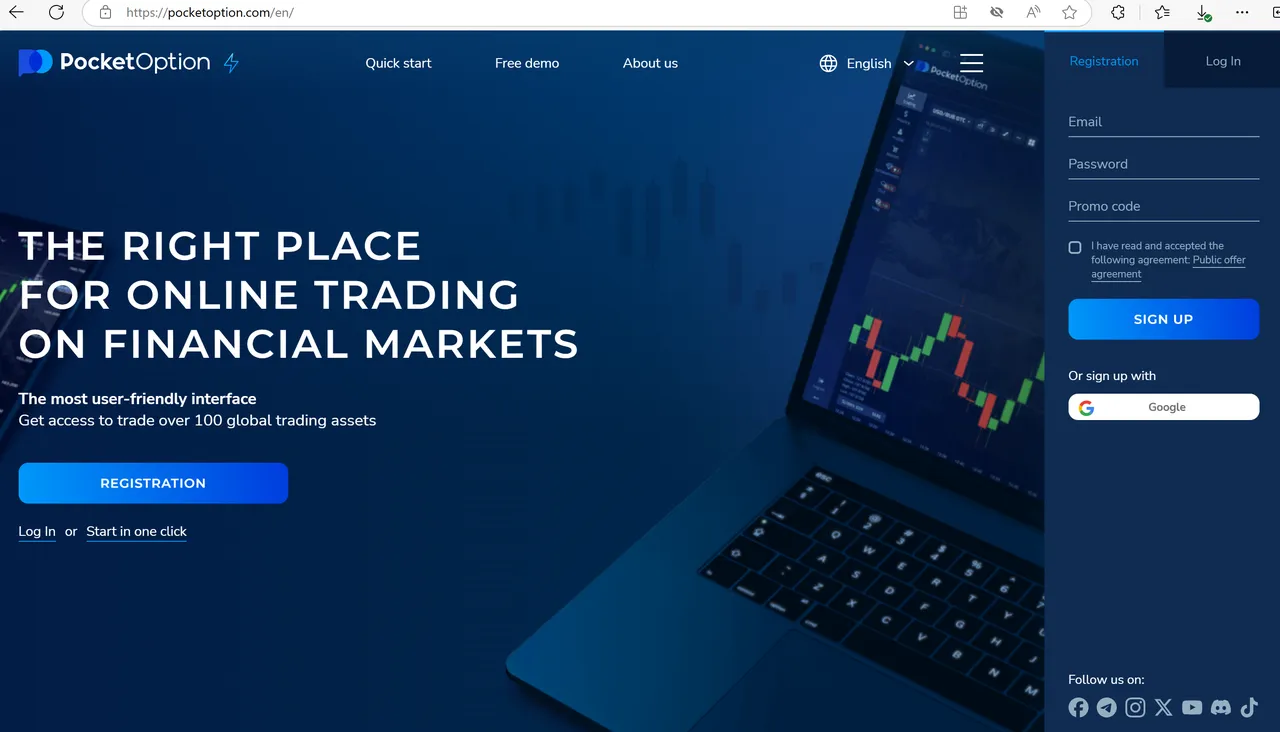 Pocket Option's home page