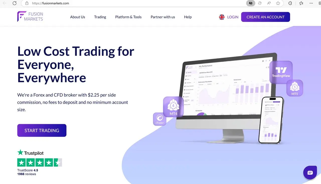 Fusion Markets' home page