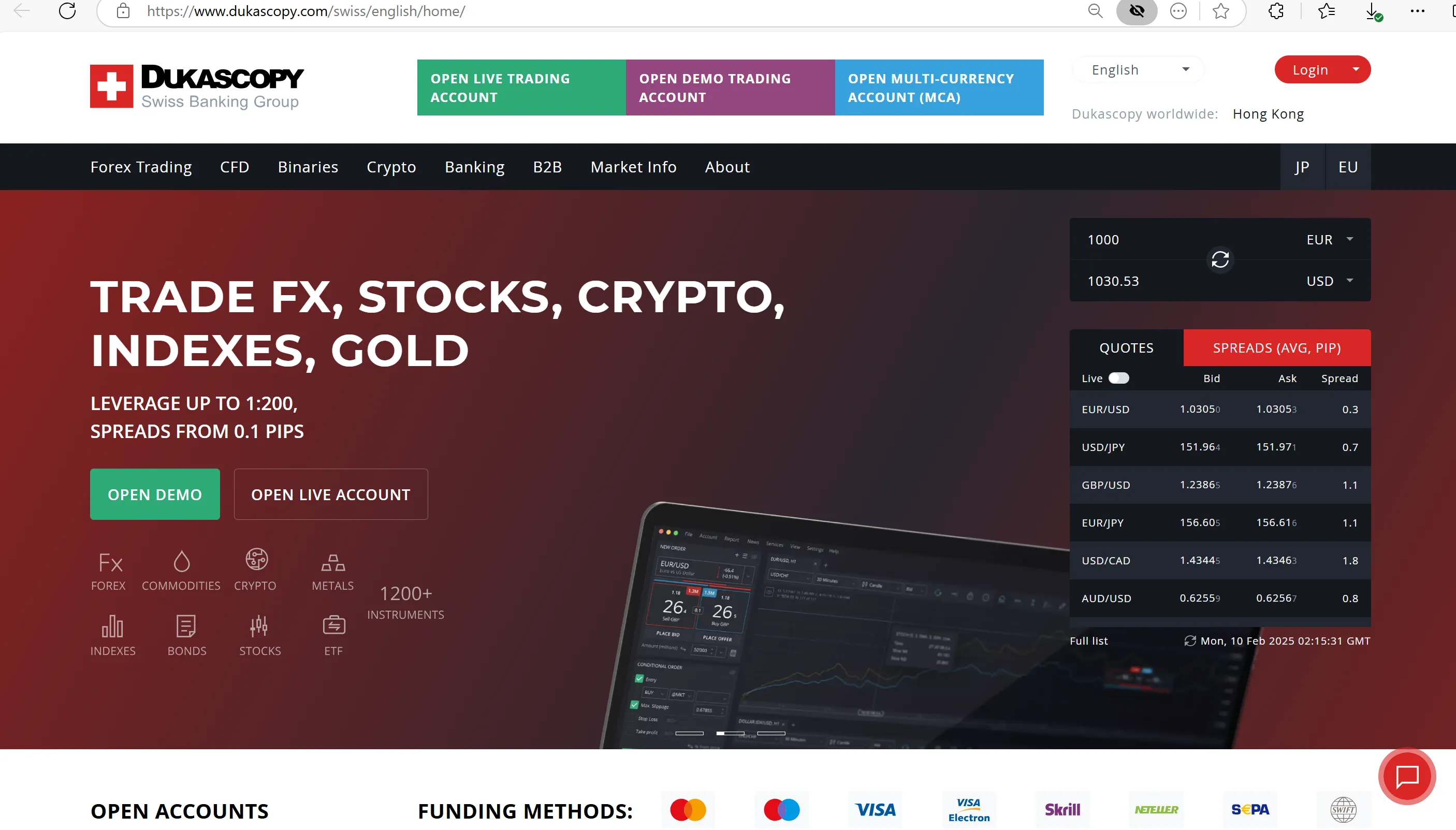 Dukascopy's homepage