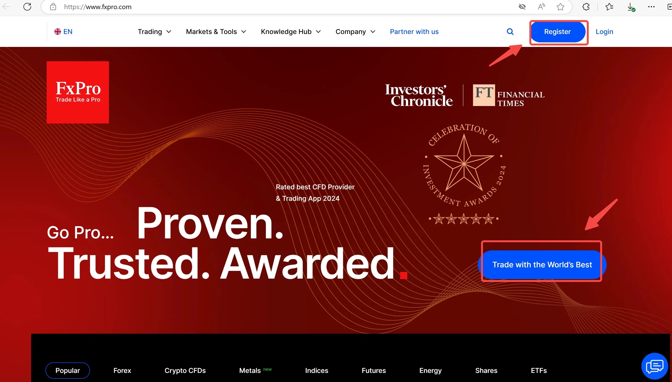 Click the Register or 'Trade with the World's Best' button