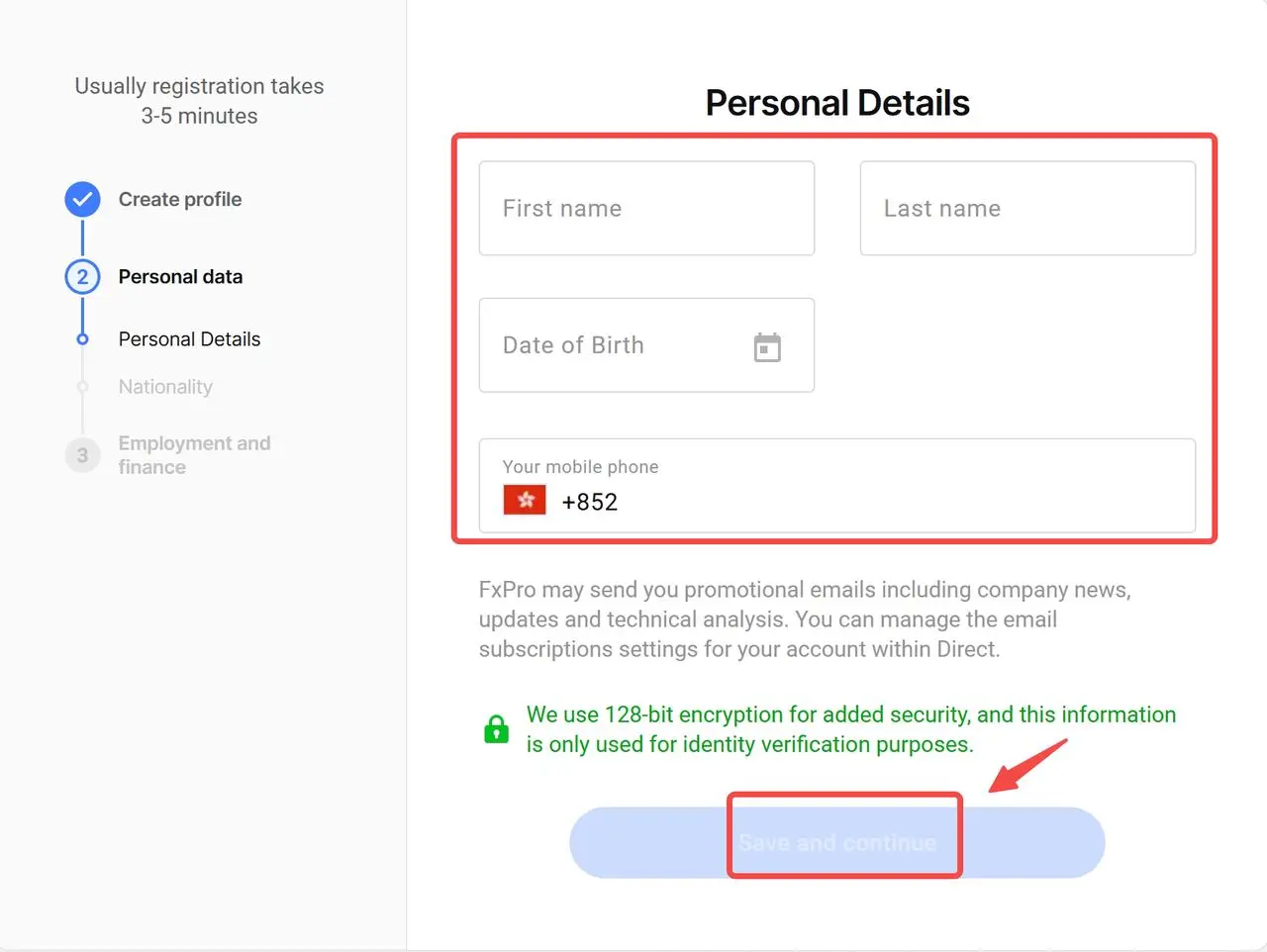 Fill in personal info