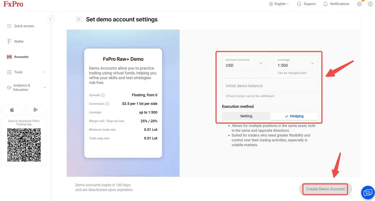 Set your FxPro demo account settings