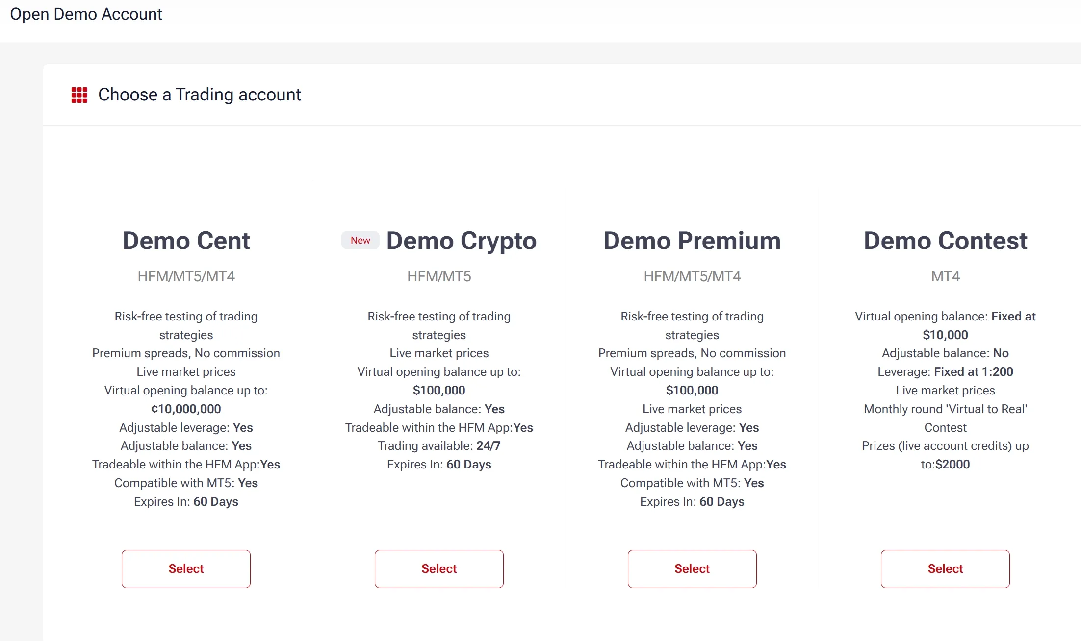 Choose an HFM demo account Choose an HFM demo account