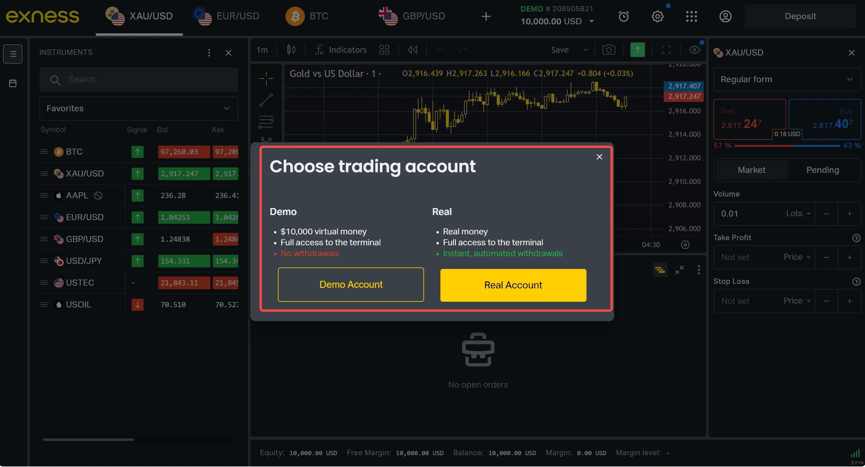Choose the account type Choose the account type