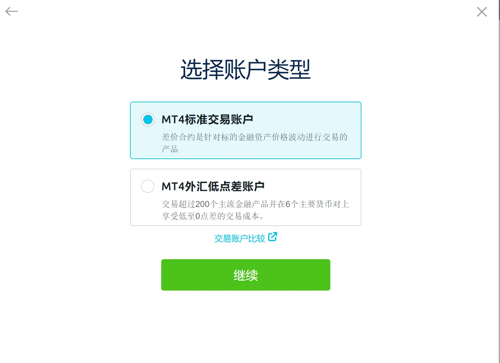 選擇MT4賬戶類型 選擇MT4賬戶類型