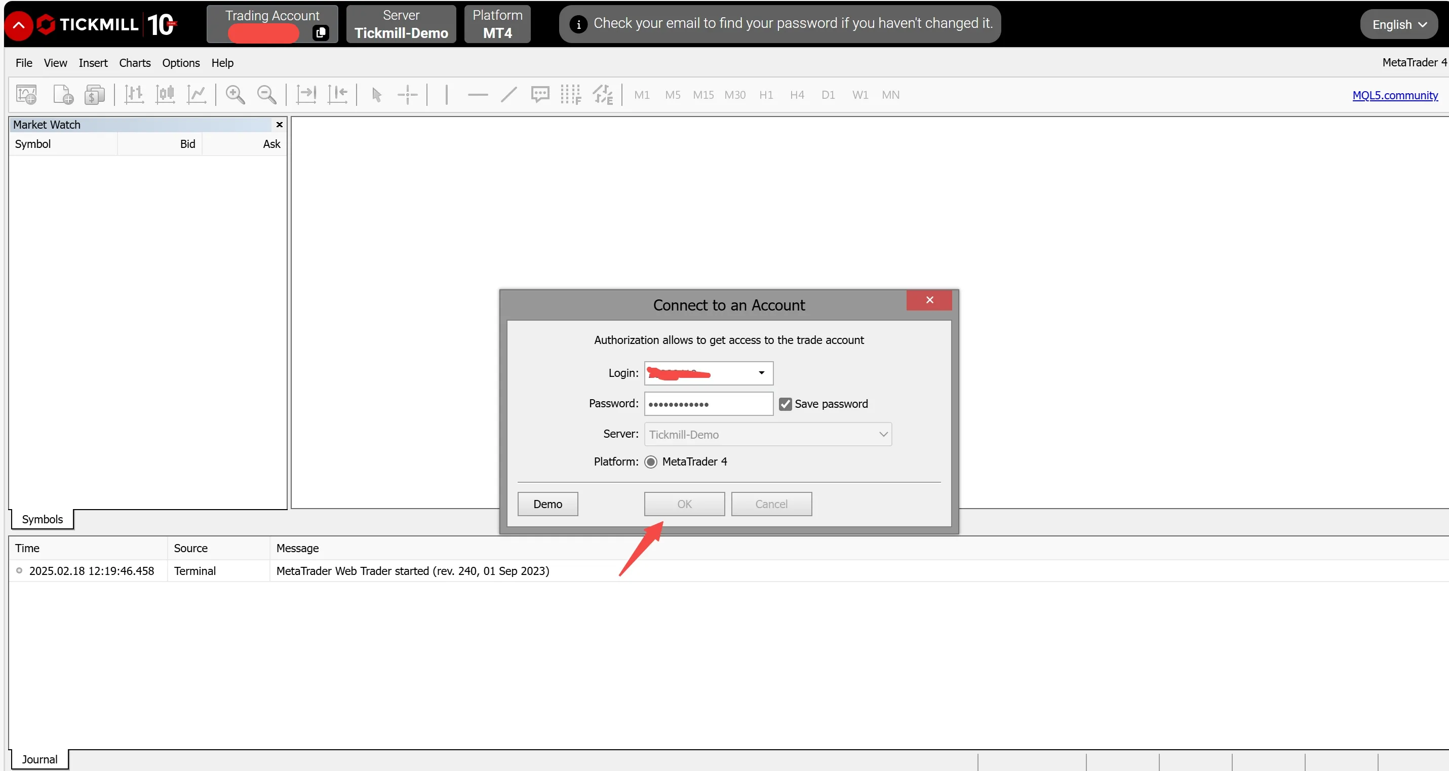 Enter your demo account ID and password
