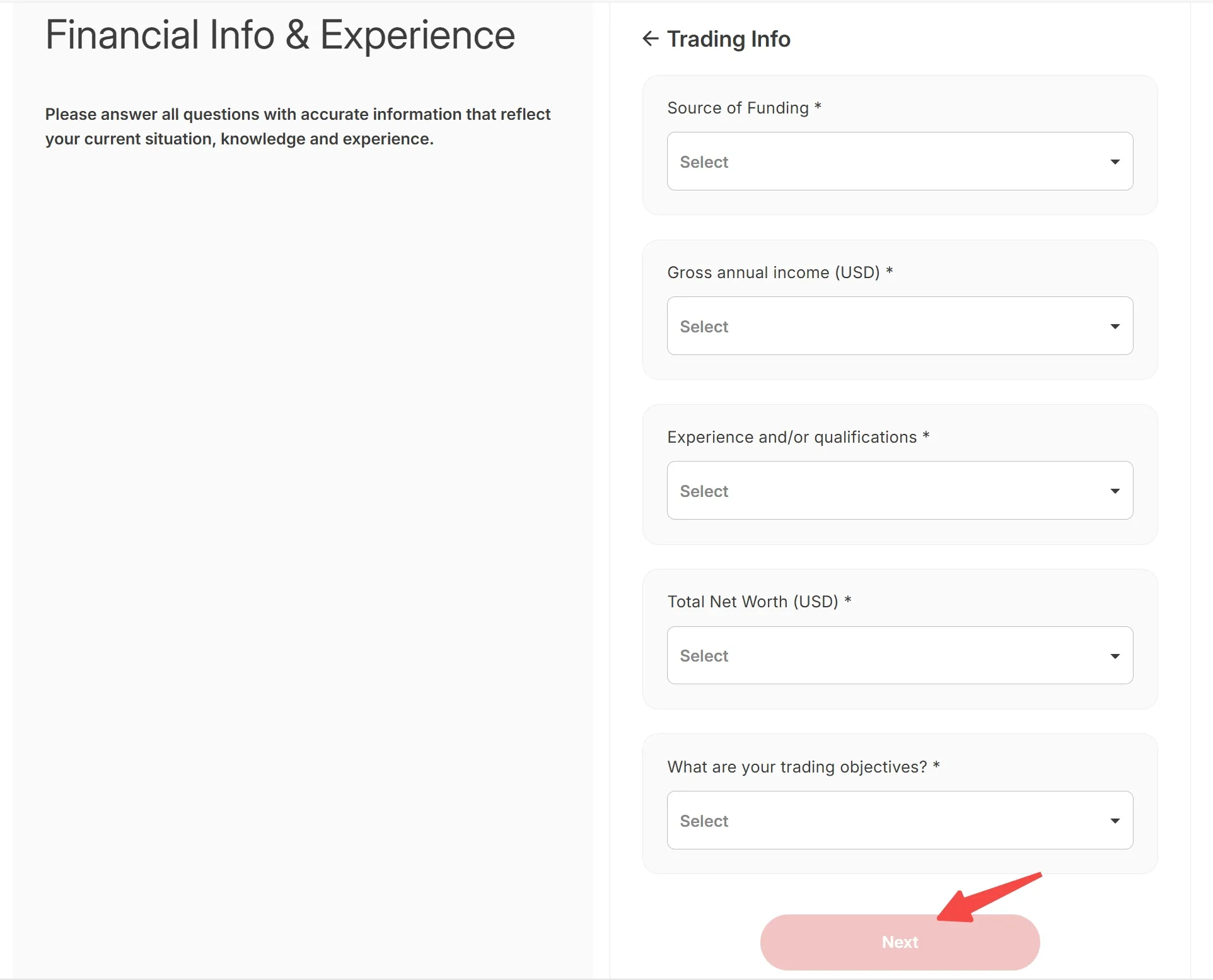 Fill in trading information