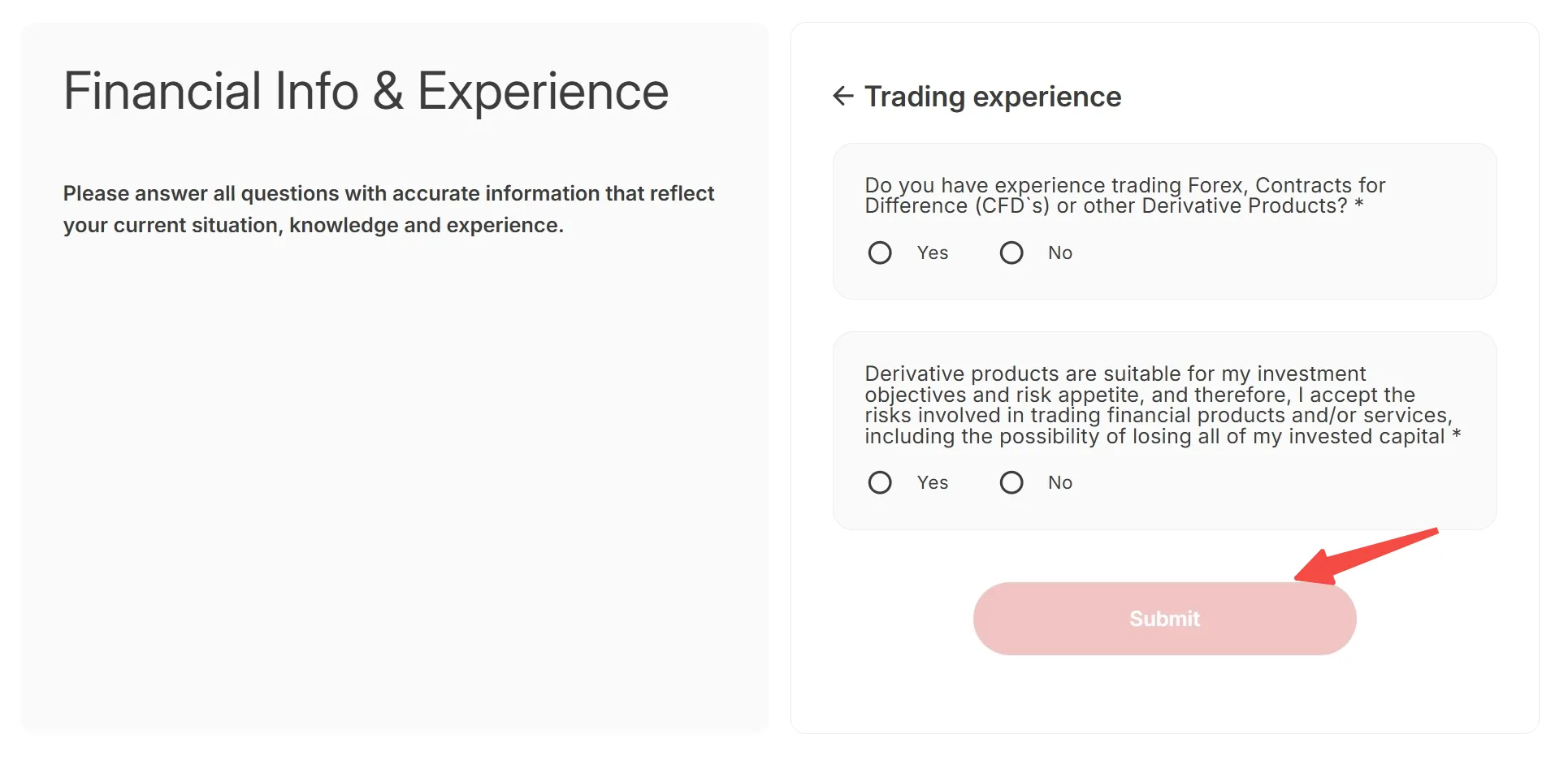 Fill in trading experience