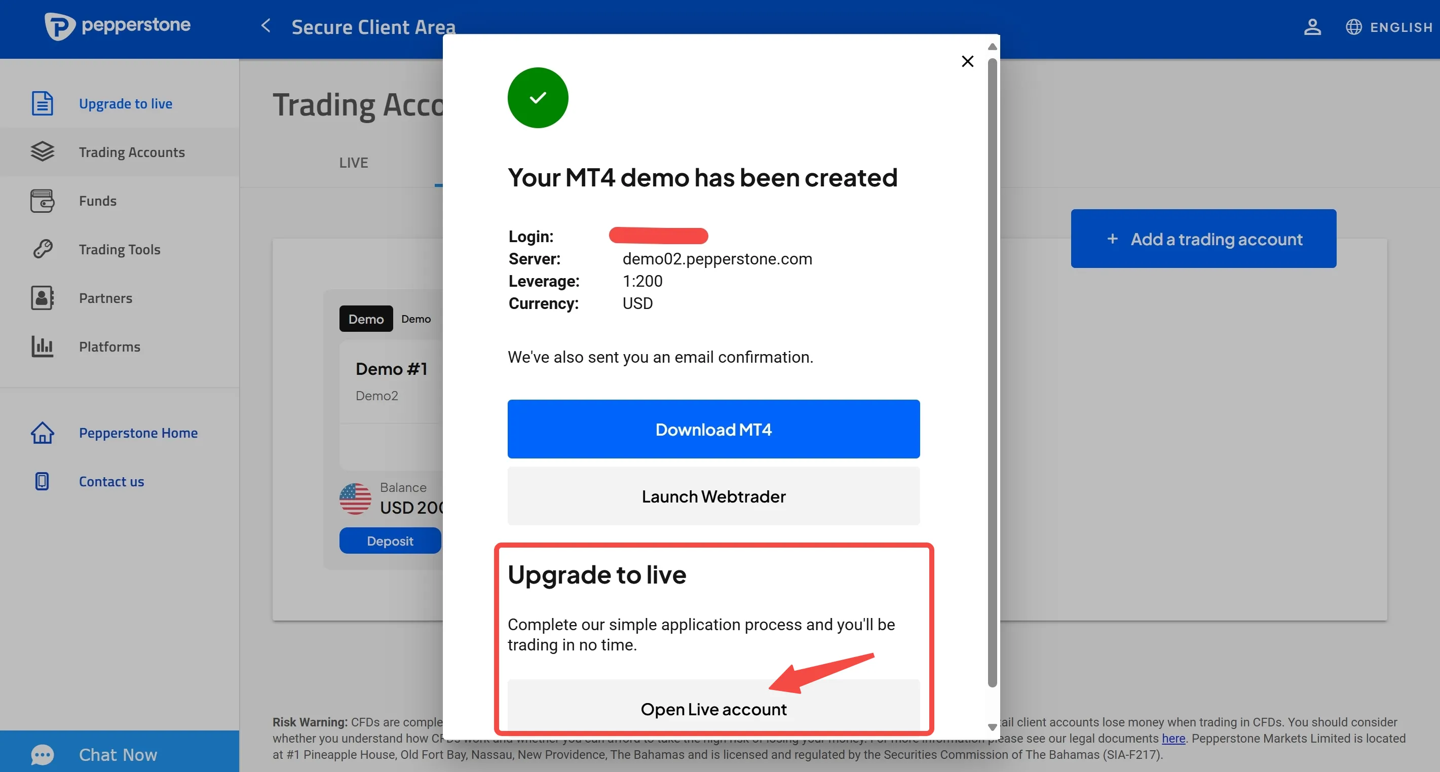Upgrade to live account