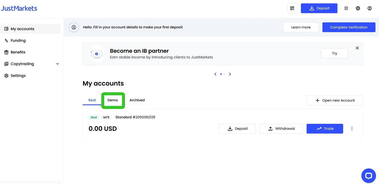 How to open a demo account with JustMarkets?