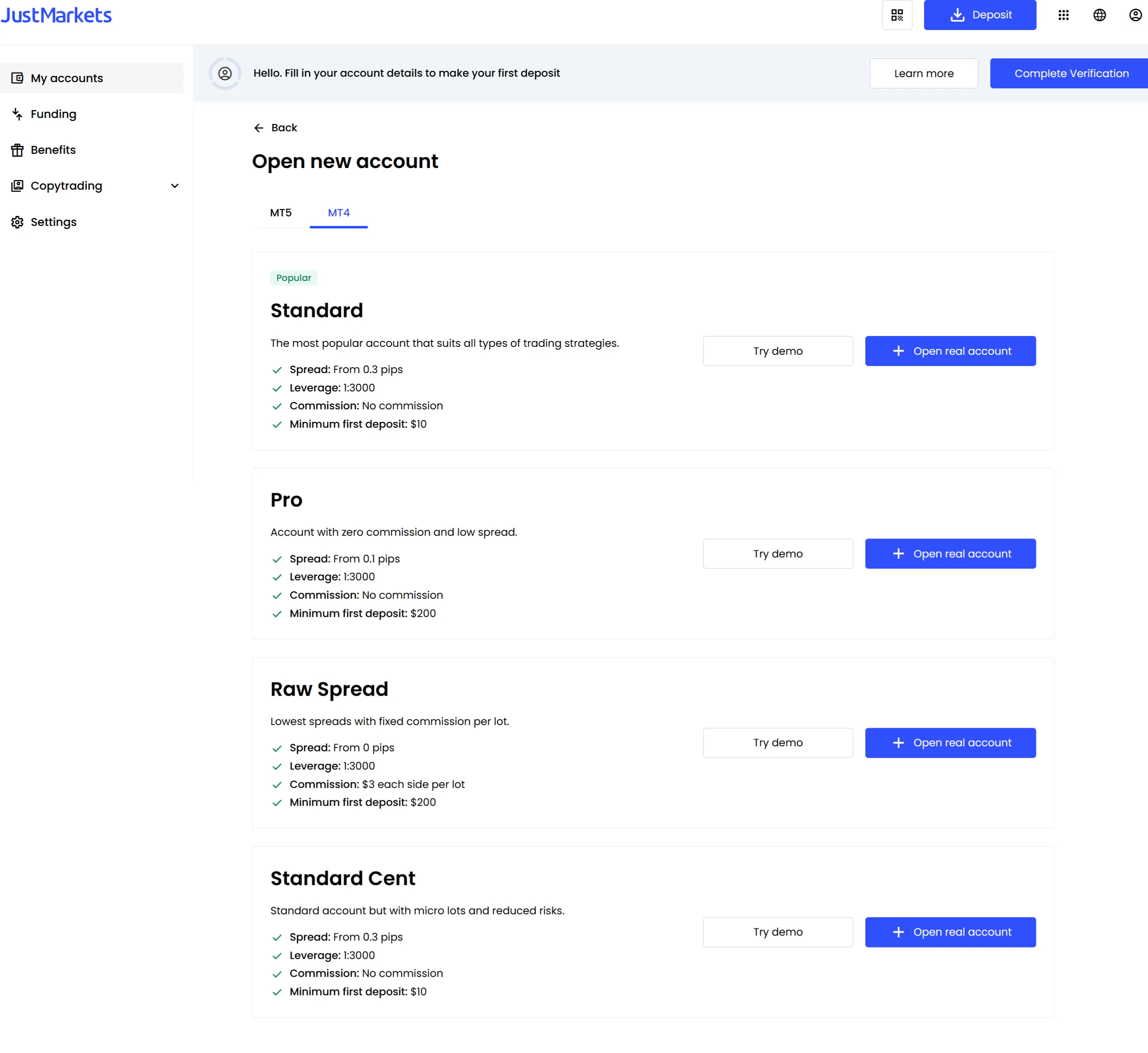 How to open a demo account with JustMarkets?